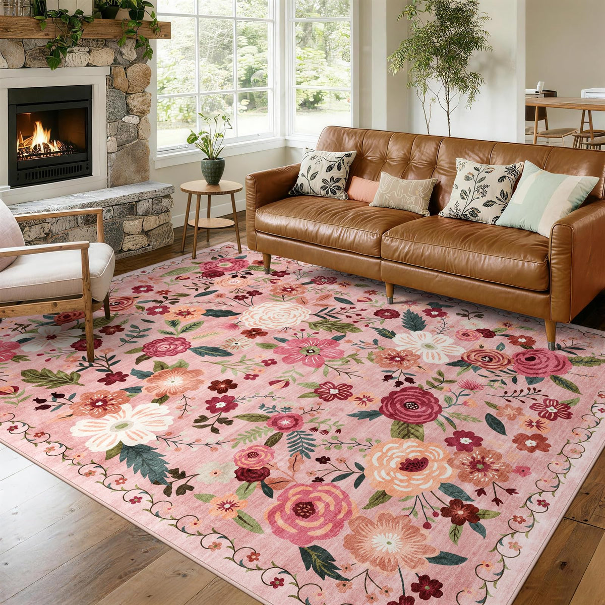 5x7 Washable Area Rug Green Boho Floral for Living Room Bedroom Nursery | Carpet for Dining Room, Soft Low-Pile Non-Slip Faux Wool, Farmhouse Indoor, Kid & Pet Friendly, Stain, Fade & Wear Resistant