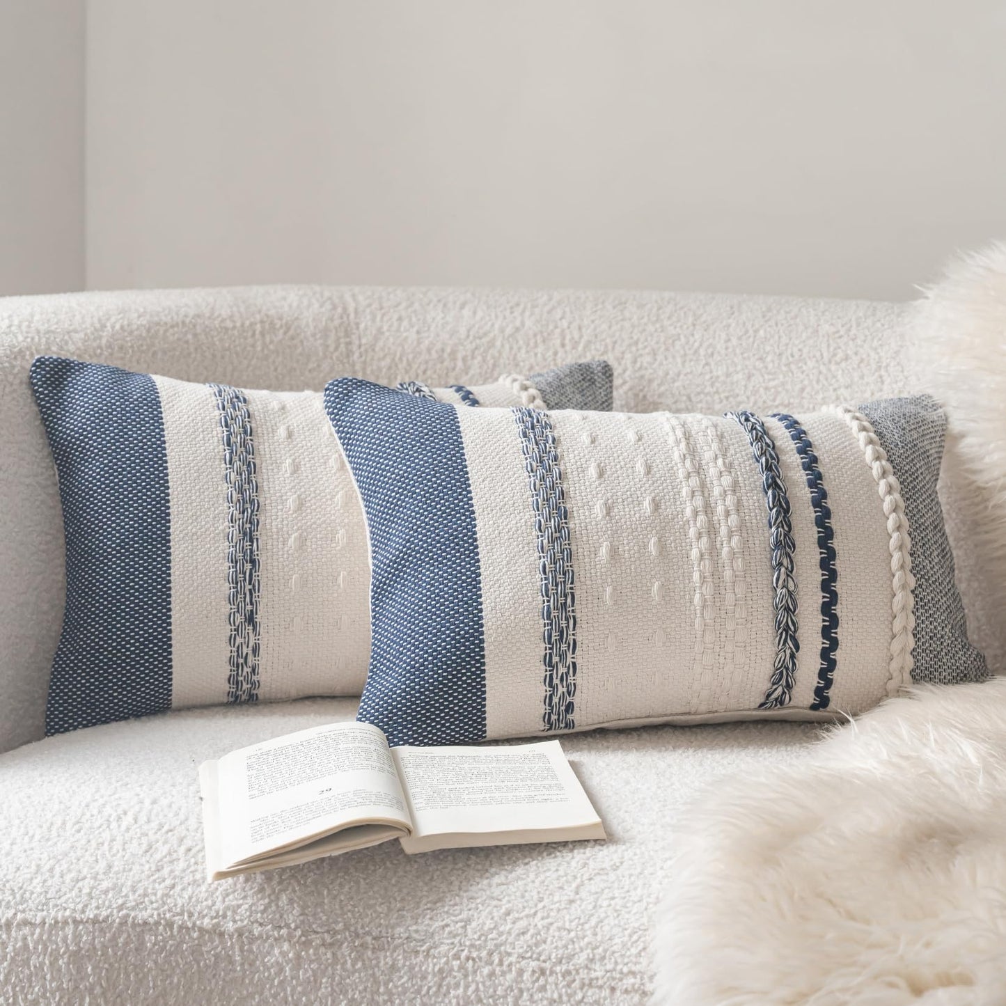 Cethom Boho Throw Pillow Covers 18x18 Inch Set of 2, Blue Textured Decorative Couch Pillow Cases for Farmhouse Home Decor, Accent Cushion Cover for Sofa, Bed, Living Room, Bedroom