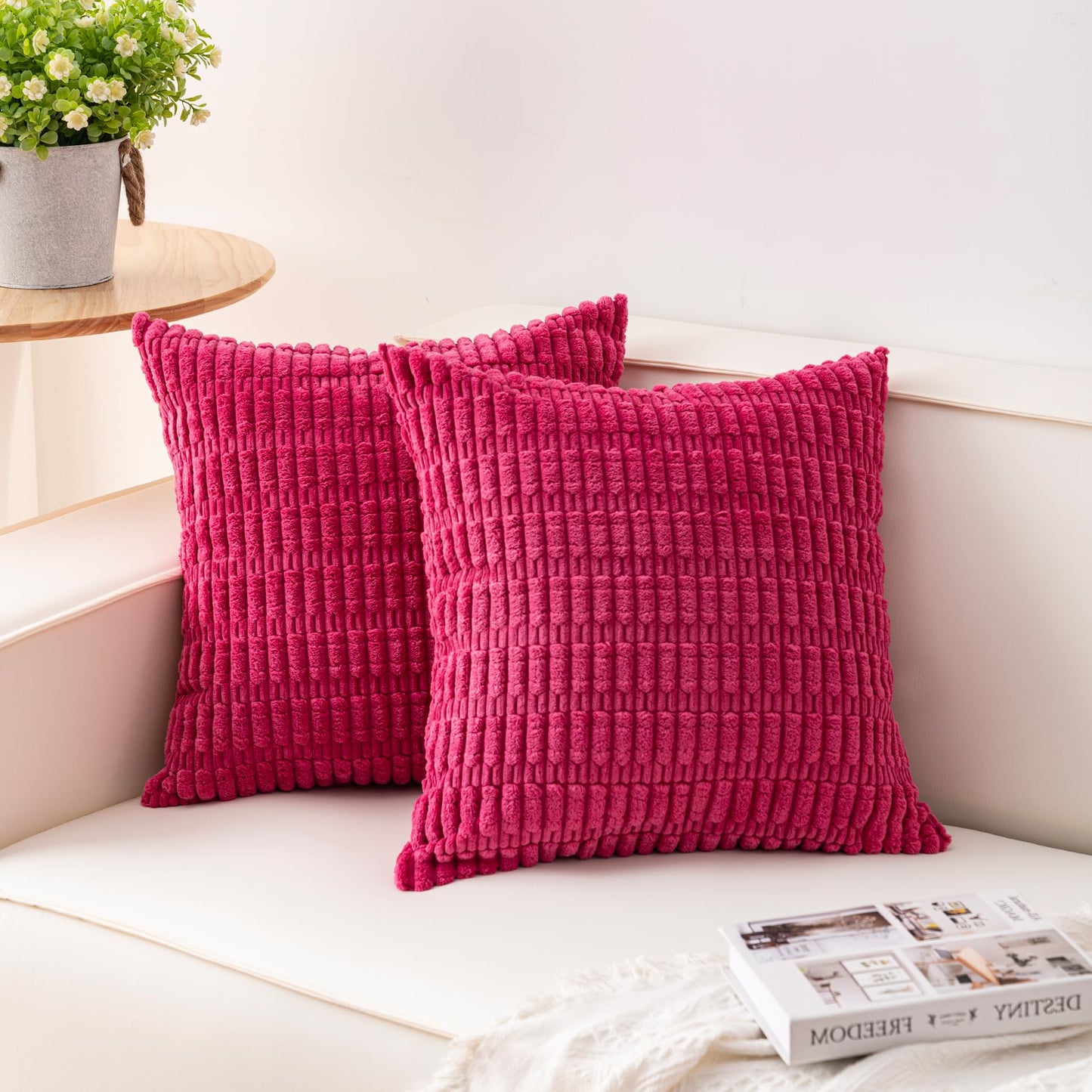 Pack of 2 Corduroy Decorative Throw Pillow Covers 18x18 Inch, Cream White | Fall Soft Striped Pillow Covers Modern Farmhouse Home Decor Christmas Throw Pillow Covers for Sofa Living Room Couch Bed ﻿
