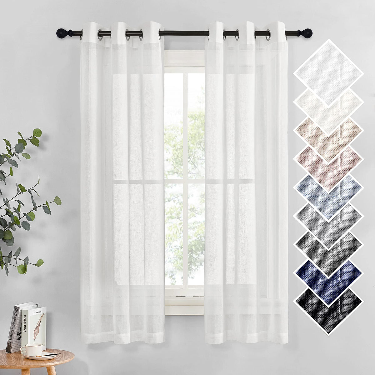 NICETOWN White Sheer Linen Curtains for Living Room 84 inch Length 2 Panels Set, Grommet Semi Sheer Privacy with Light Filtering Flax Window Treatments for Bedroom, W52 x L84