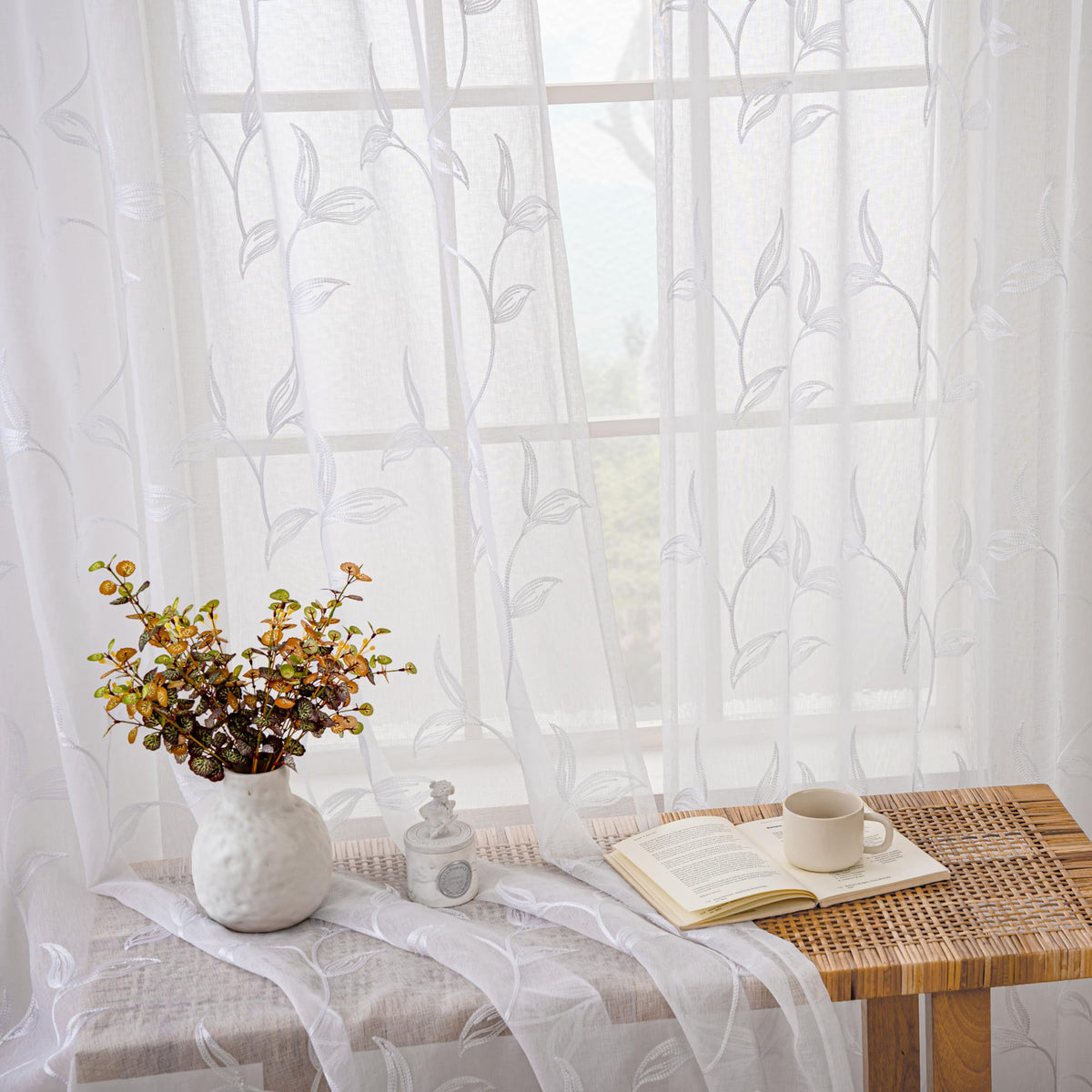 Sheer Curtains Boho Leaf Floral Embroidered Cream Beige 54Wx84L | Light Filtering Semi Sheer Voile Curtains With Design, Rod Pocket Window Drapes for Bedroom Living Room 2 Panels