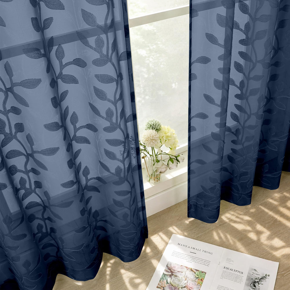 White Sheer Curtains 84 Inches Long - Light Filtering Leaf Jacquard Textured Semi Sheer Curtains, Rod Pocket Drapes for Living Room Bedroom 2 Panels Set, 2x37Wx84L Inches