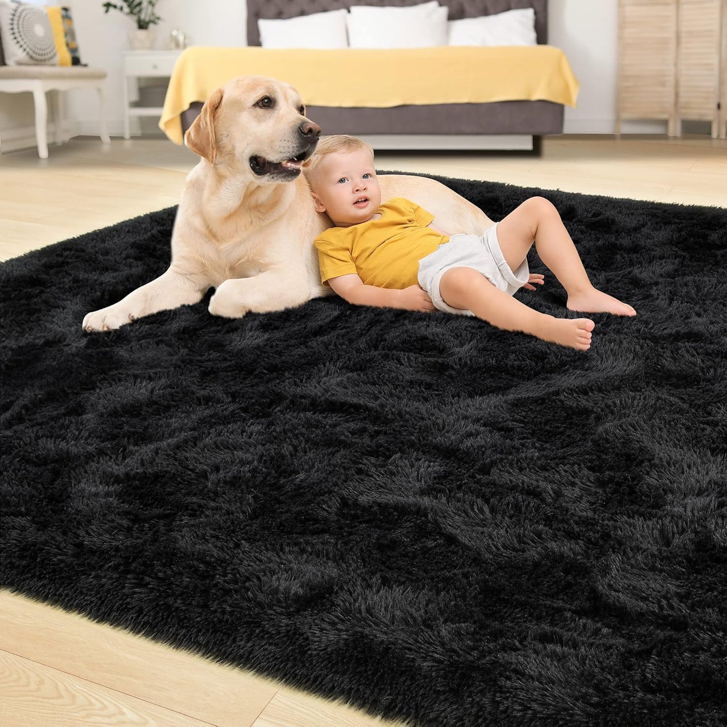 Area Rugs 9x12 for Living Room, Super Soft Fluffy Rugs for Bedroom | Modern Shaggy Rug Fuzzy Carpets for Kids, Plush Indoor Nursery Home Decor Rug with Non-Slip Bottom, Black