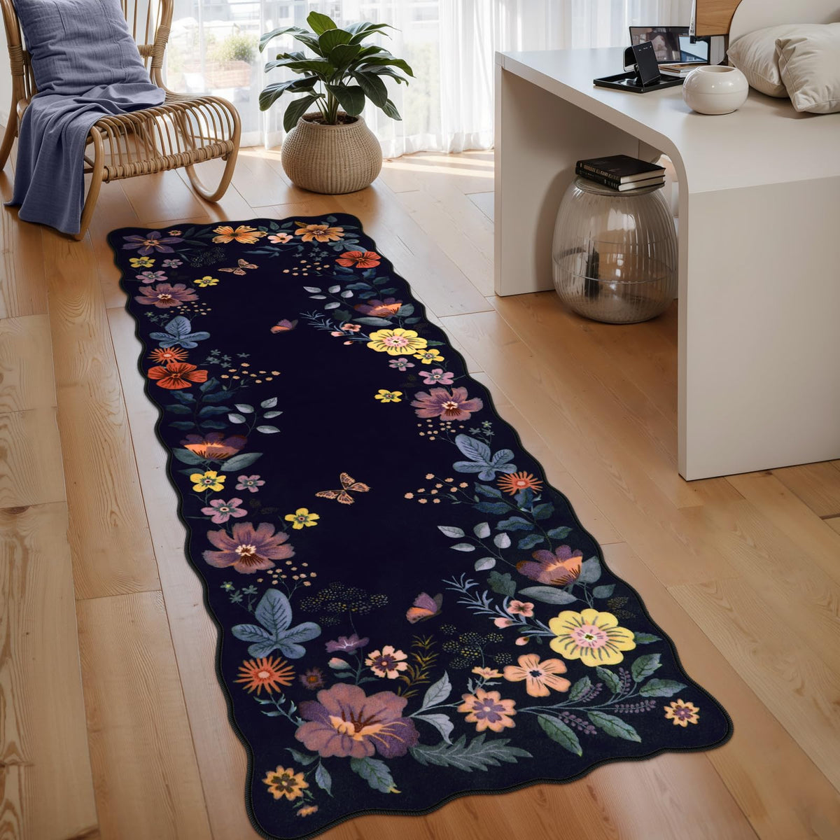Lahome Floral Washable Living Room Rug, 5x7 Area Rugs for Bedroom Soft | Dining Room Rug Ultra-Thin Non Slip Stain Resistant Boho Low-Pile Throw Carpet for Office Flore (5x7ft, Beige)