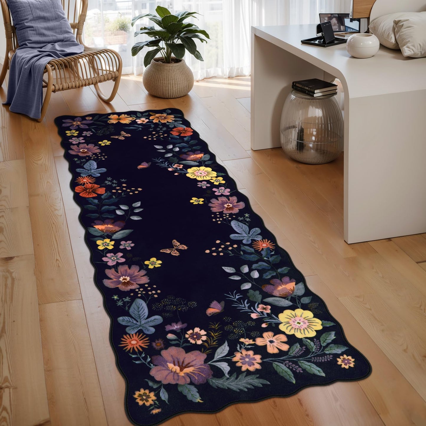 Lahome Floral Rugs for Living Room, 5x7 Area Rugs Ultra-Thin Soft Washable Rug, Non-Slip Bedroom Rug Stain Resistant Boho Flore Carpet for ‎Dining Room Office (5x7ft,Black/Grey)
