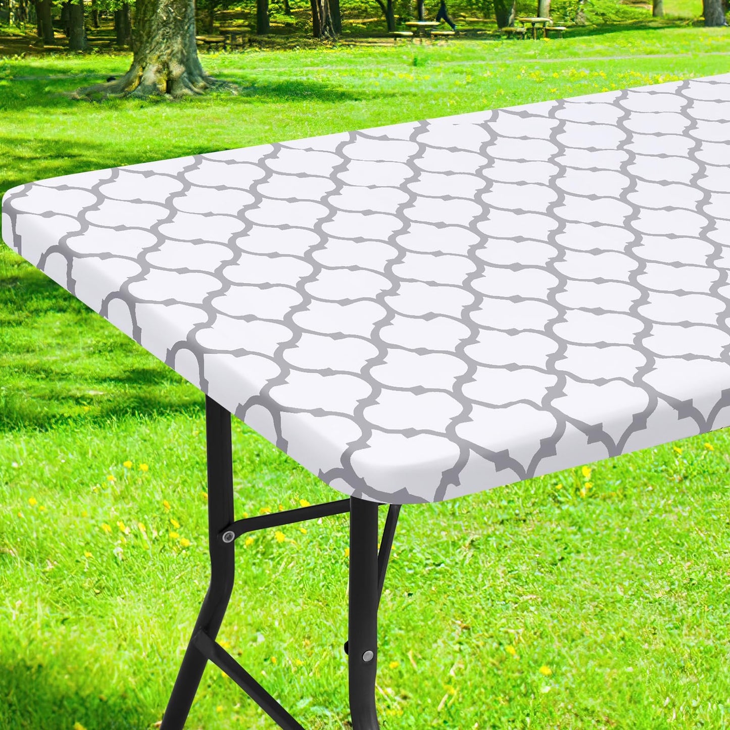 Smiry Picnic Fitted Table Cover, 6 Foot Flannel Backed Vinyl Tablecloth | Waterproof Elastic Stretch Table Cloth, Wipeable Plastic Tablecloth for Camping, Indoor & Outdoor (Grey, 30" x 72")