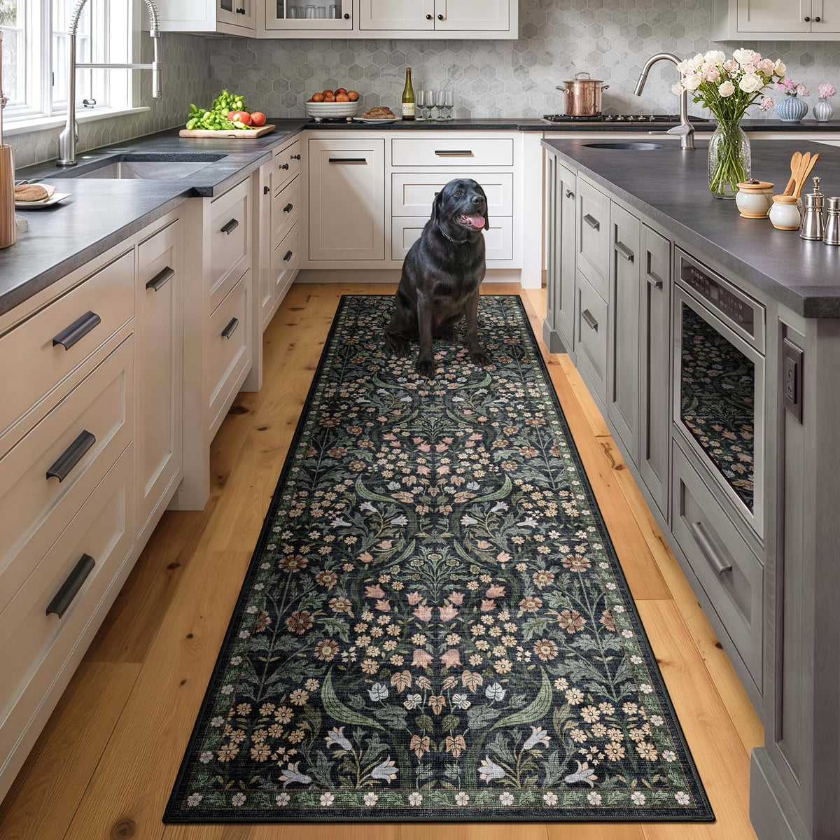 5x7 Washable Area Rug Green Boho Floral for Living Room Bedroom Nursery | Carpet for Dining Room, Soft Low-Pile Non-Slip Faux Wool, Farmhouse Indoor, Kid & Pet Friendly, Stain, Fade & Wear Resistant