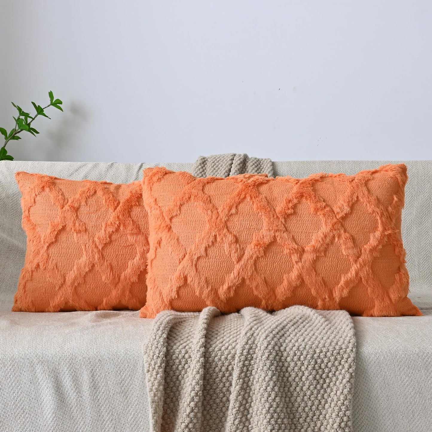 Set of 2 Soft Moroccan Throw Pillow Covers 18x18 Inch Plush Boho Decorative Pillow Cover Accent Cushion Case for Couch Sofa Bed, Beige