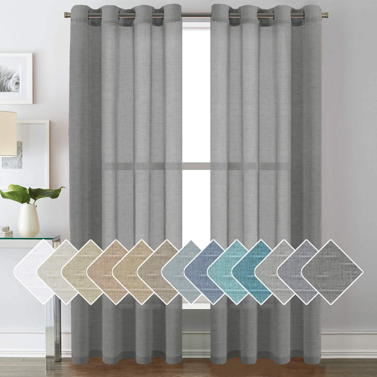 H.VERSAILTEX Natural Linen Sheer Curtains Flax Linen Blended Curtain Panels Living Room, Nickel Grommet Semitransparent Semi-Sheer Soft Privacy Drapes, Natural, 84 inches Long 2 Panels