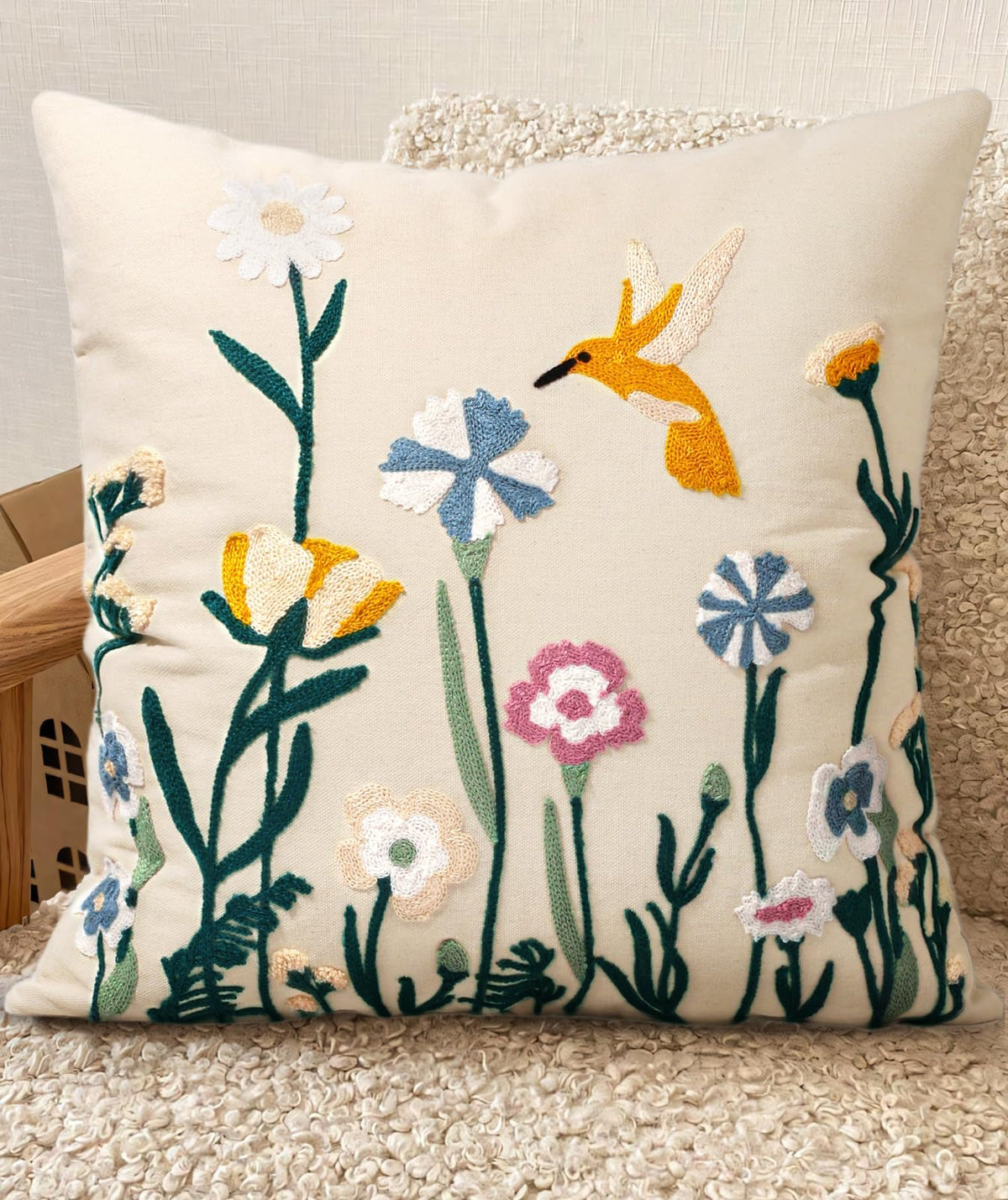 Embroidered Throw Pillow Cover 18x18 Inch, Flower Cluster | Decorative Pillow Cover, Floral Farmhouse Cushion Case with Hidden Zipper, Home Decor for Couch, Sofa, Living Room, Bedroom