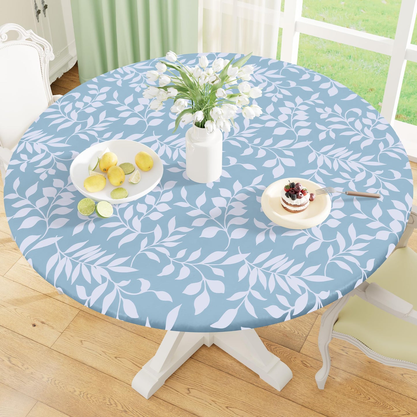Round Fitted Tablecloth with Elastic Edge, 100% Waterproof Oil Proof Plastic Table Cover, Vinyl Flannel Backed Tablecloth Fits 36"-44" Round Tables for Dinner, Outdoor, Picnic, Oak Wooden Grain