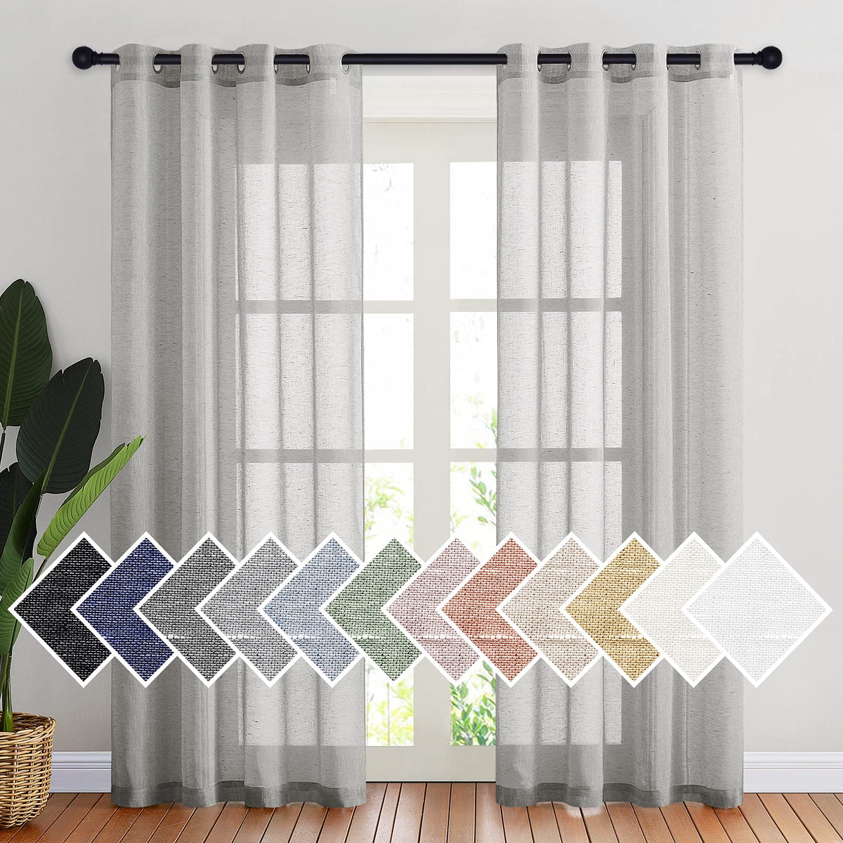 NICETOWN White Sheer Linen Curtains for Living Room 84 inch Length 2 Panels Set, Grommet Semi Sheer Privacy with Light Filtering Flax Window Treatments for Bedroom, W52 x L84