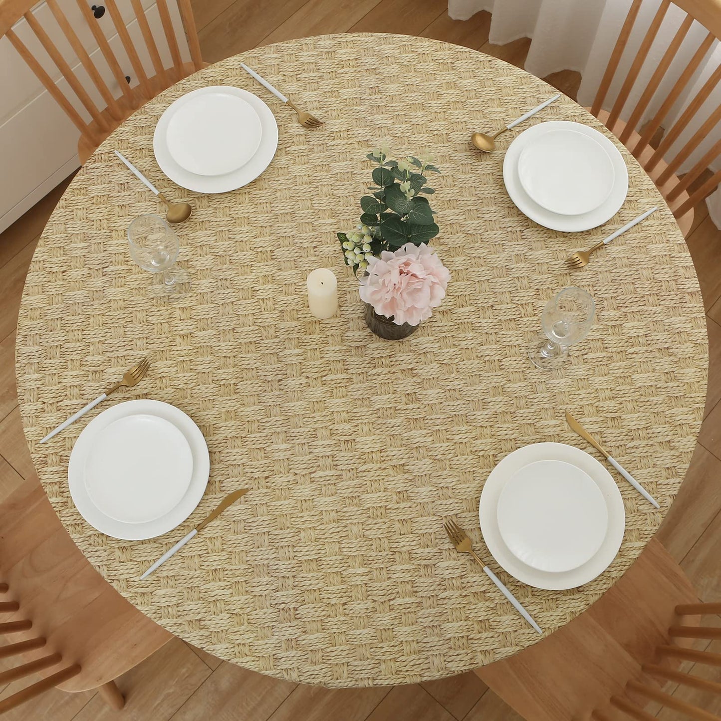 Pioggia Round Vinyl Fitted Tablecloth with Flannel Backing Elastic Table Cloth Waterproof Oil-Proof Plastic Table Cover Best for 45"-56" Round
