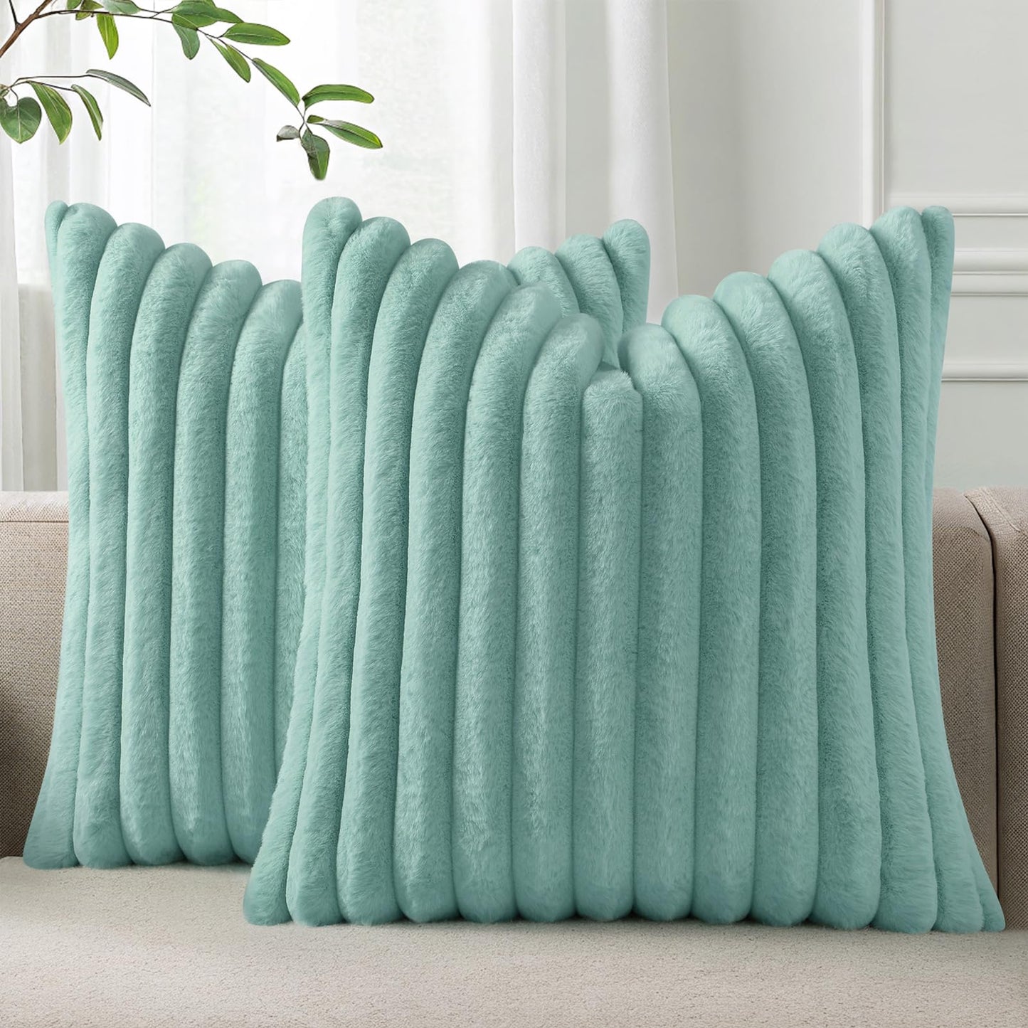 Pallene Faux Fur Decorative Throw Pillow Covers 18x18 Set of 2, Cream White | Luxury Plush Texture, Striped Design, Cozy Soft Touch, Modern Home Accent Decor for Couch, Sofa, Bed, Living Room