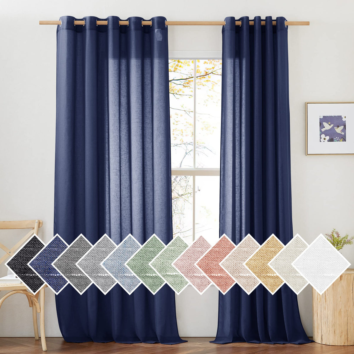 NICETOWN White Sheer Linen Curtains for Living Room 84 inch Length 2 Panels Set, Grommet Semi Sheer Privacy with Light Filtering Flax Window Treatments for Bedroom, W52 x L84