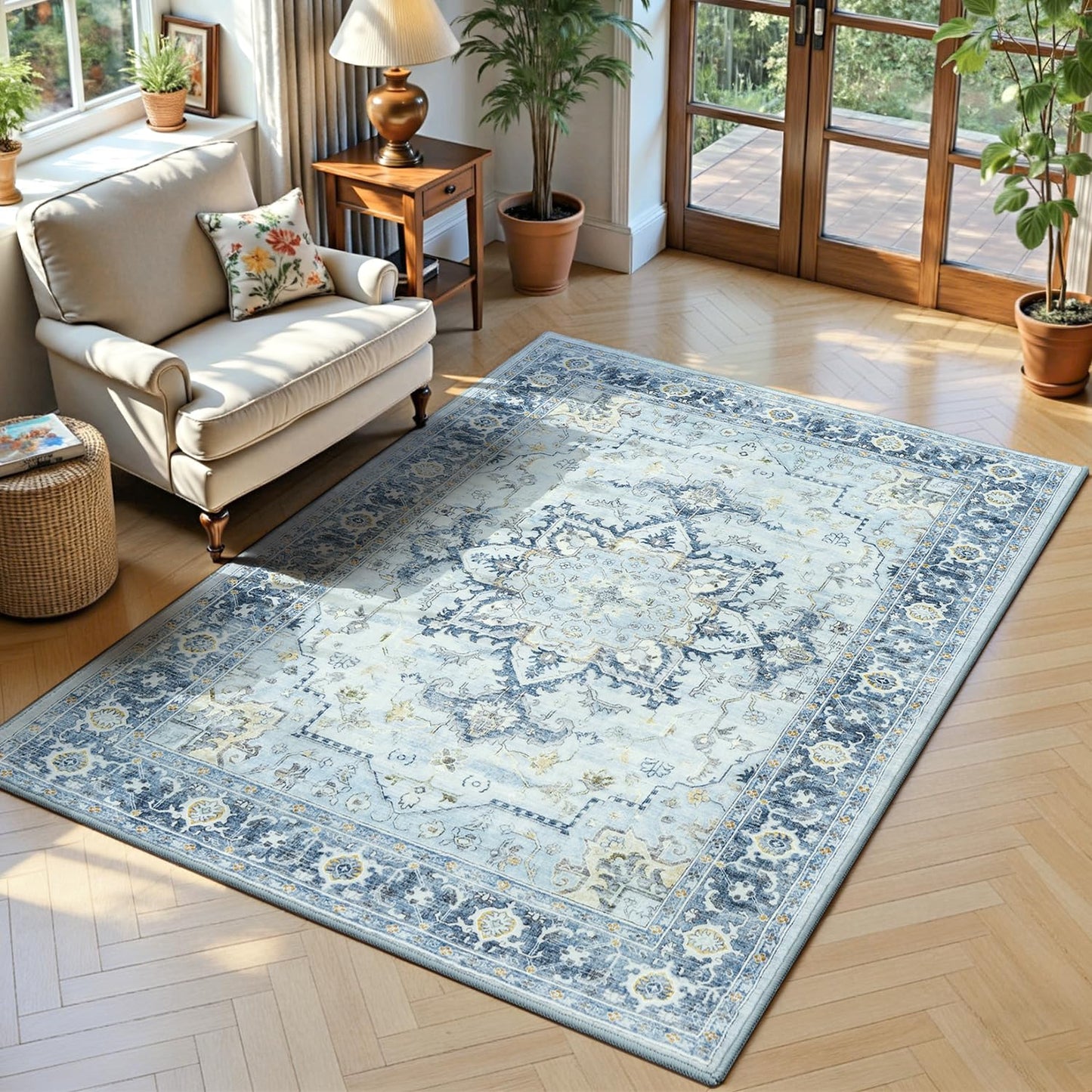 Lofus 5x7 Area Rugs for Living Room Bedroom, Soft Boho Carpet Floral Brown | High-Power Vacuuming, Non-Slip, Low Pile, Stain & Water Repellent, Soft, Skin-Friendly, for Kitchen Entryway Office