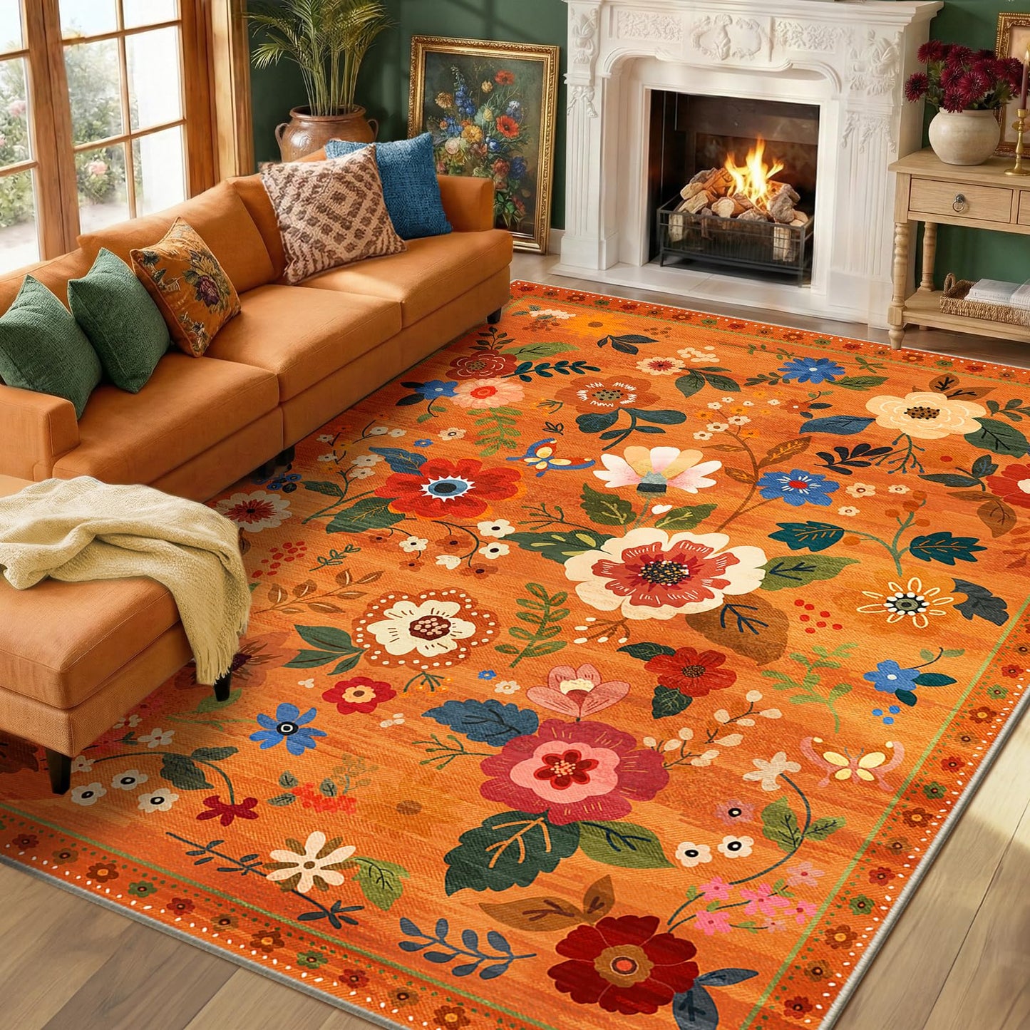 RELEANY Floral Washable 5x7 Area Rugs Black | Flower Carpet, Print, Boho, Non-Slip, Easy to Clean, Soft, Low Pile for Living Room Bedroom Kitchen Office Entryway Hallway