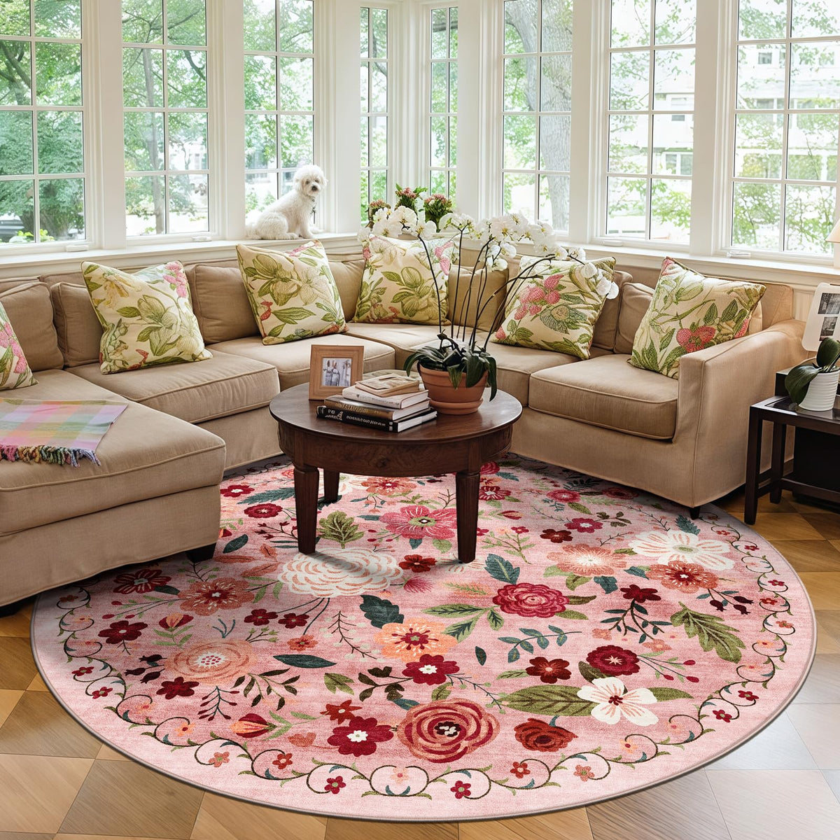 5x7 Washable Area Rug Green Boho Floral for Living Room Bedroom Nursery | Carpet for Dining Room, Soft Low-Pile Non-Slip Faux Wool, Farmhouse Indoor, Kid & Pet Friendly, Stain, Fade & Wear Resistant