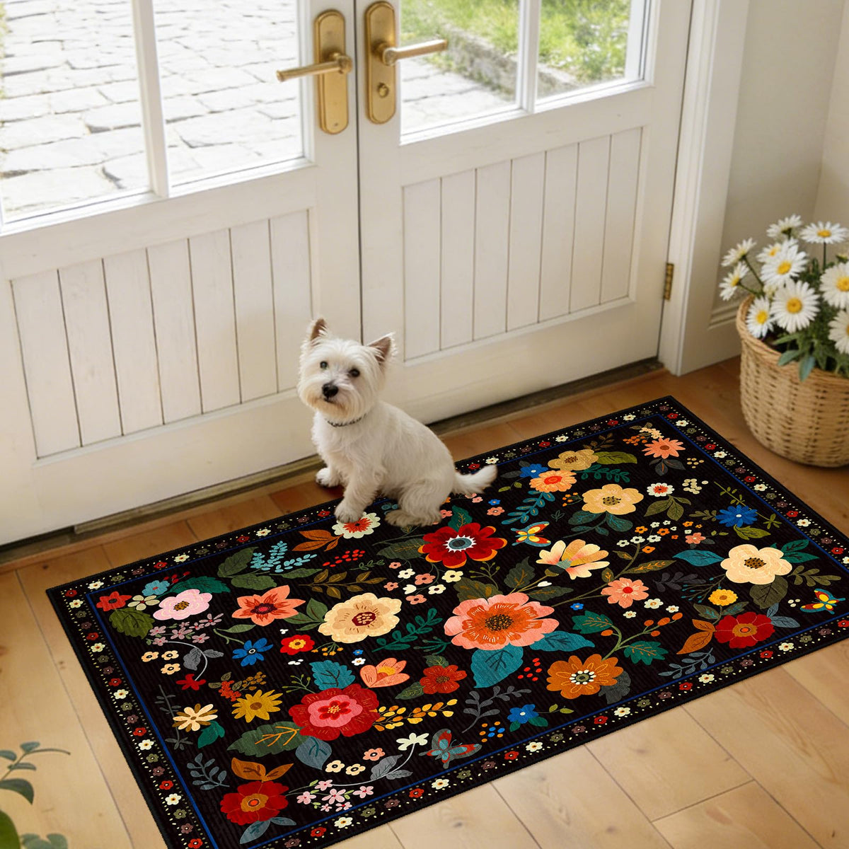 RELEANY Floral Washable 5x7 Area Rugs Black | Flower Carpet, Print, Boho, Non-Slip, Easy to Clean, Soft, Low Pile for Living Room Bedroom Kitchen Office Entryway Hallway