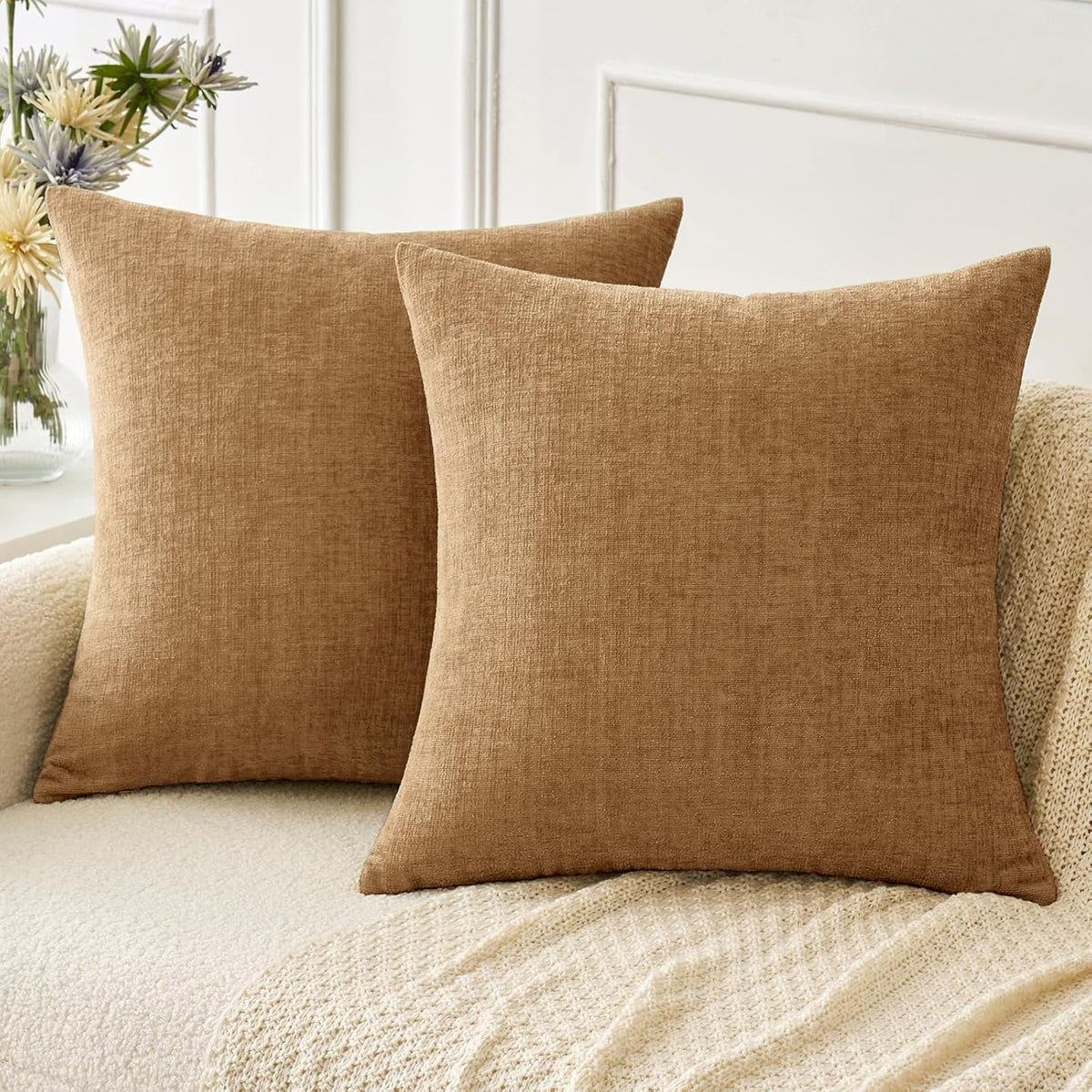 MIULEE Soft Chenille Fall Throw Pillow Covers Burnt Orange 18x18 Pack of 2 | Modern Fall Home Decor, Classic Decorative Pillows, Solid Dyed Cases, Boho Couch Cushion Covers for Sofa Bed Living Room