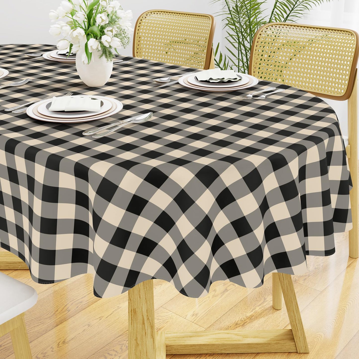 Smiry Picnic Table Cloth, Vinyl Tablecloths with Flannel Backing, 60"x84" | Waterproof Rectangle Table Cloth, Wipeable Buffalo Plaid Table Cover for Indoor and Outdoor (Khaki & White)