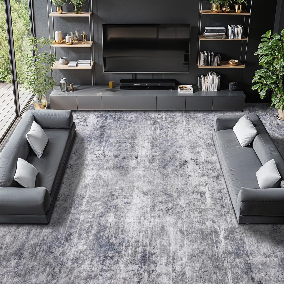 8x10 Washable Area Rug, Black Solid Area Rugs for Living Room & Bedroom | Stain-resistant & Non-slip backing,Low Pile Washable Large Carpet, Solid Vintage Style For High Traffic Areas(8x10,Black)