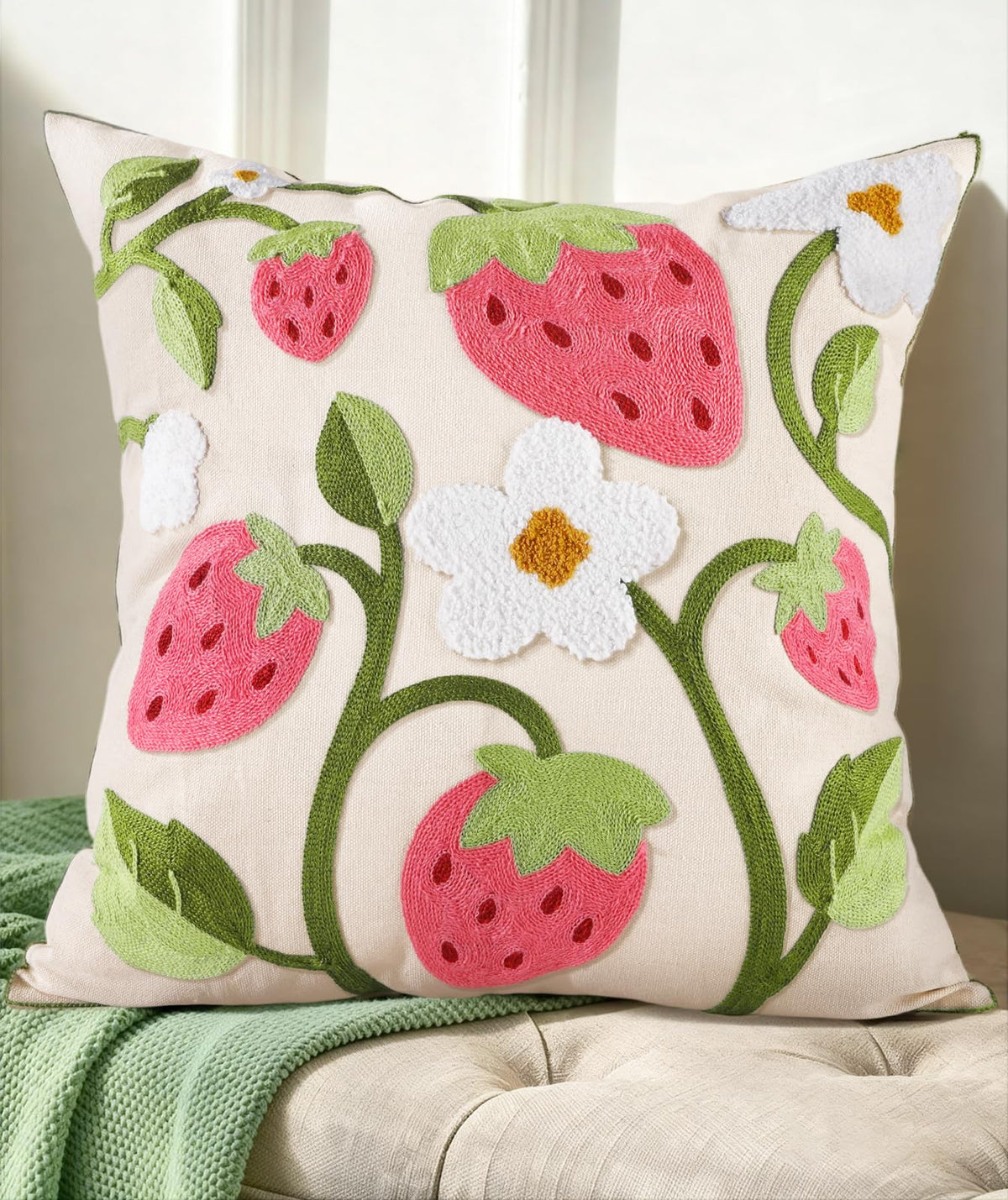 Embroidered Throw Pillow Cover 18x18 Inch, Flower Cluster | Decorative Pillow Cover, Floral Farmhouse Cushion Case with Hidden Zipper, Home Decor for Couch, Sofa, Living Room, Bedroom