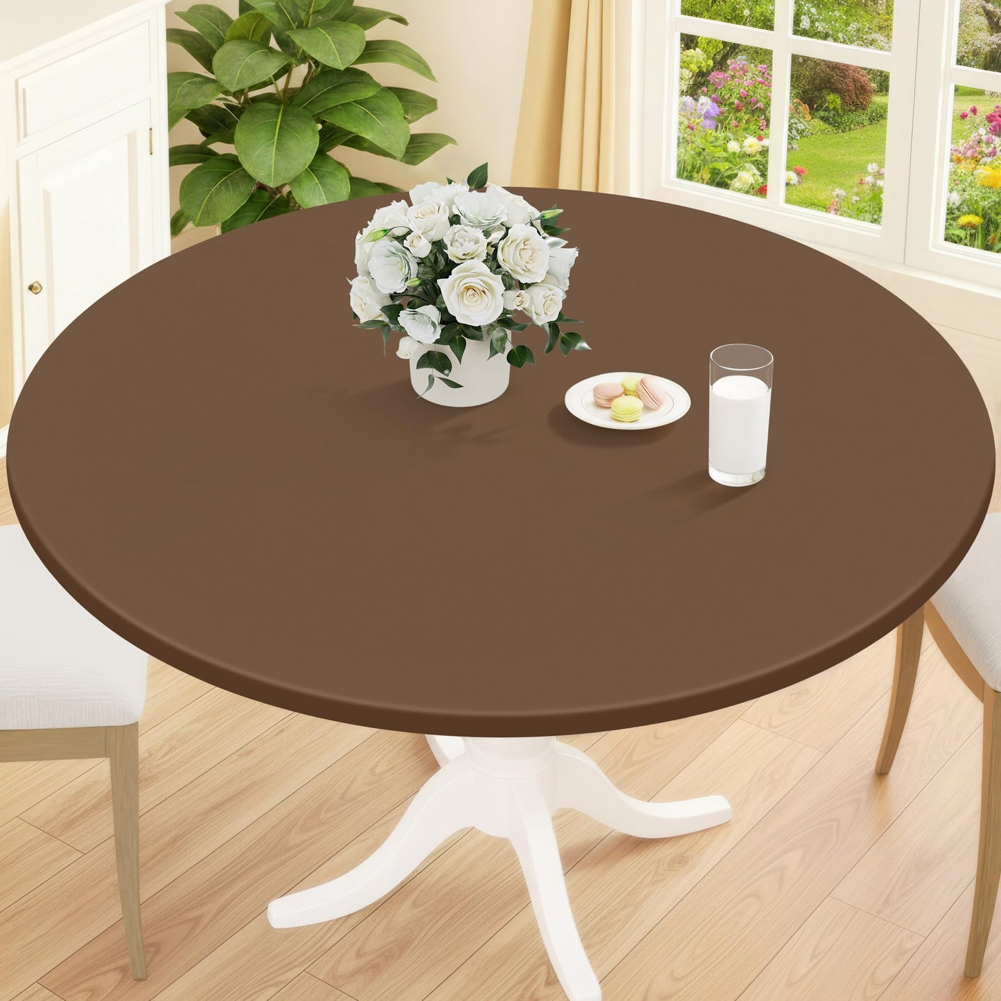 Smiry Round Picnic Tablecloth, Waterproof Elastic Fitted Table Covers for 45" - 56" Tables, Wipeable Flannel Backed Vinyl Tablecloths for Camping, Indoor, Outdoor, Grey & White