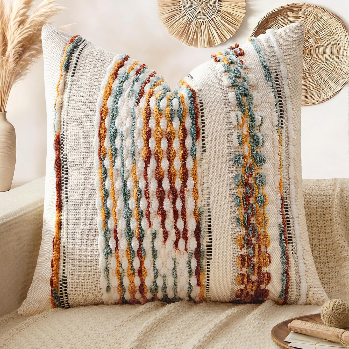 ANRODUO Boho Decorative Pillow Covers Olive Green Stripe 18x18 Pack of 2 | Throw Pillow Covers, Farmhouse Cushion Case, Chenille Pillow Cases, Pillow Covers, Accent Neutral Pillowcase for Couch Bed