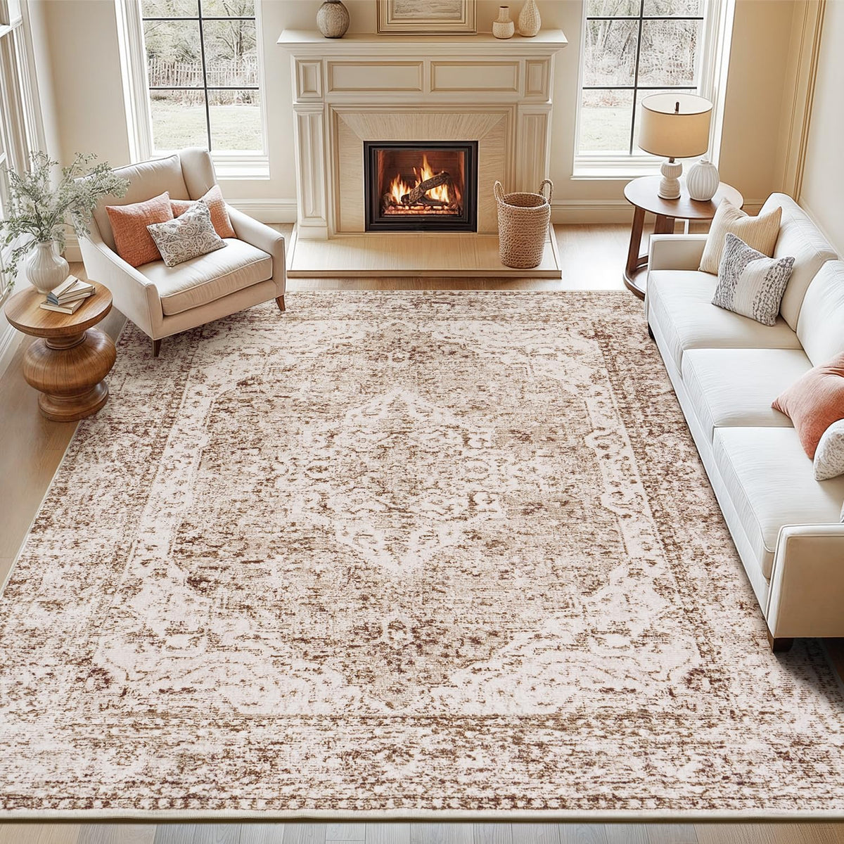 Lofus 5x7 Area Rugs for Living Room Bedroom, Soft Boho Carpet Floral Brown | High-Power Vacuuming, Non-Slip, Low Pile, Stain & Water Repellent, Soft, Skin-Friendly, for Kitchen Entryway Office