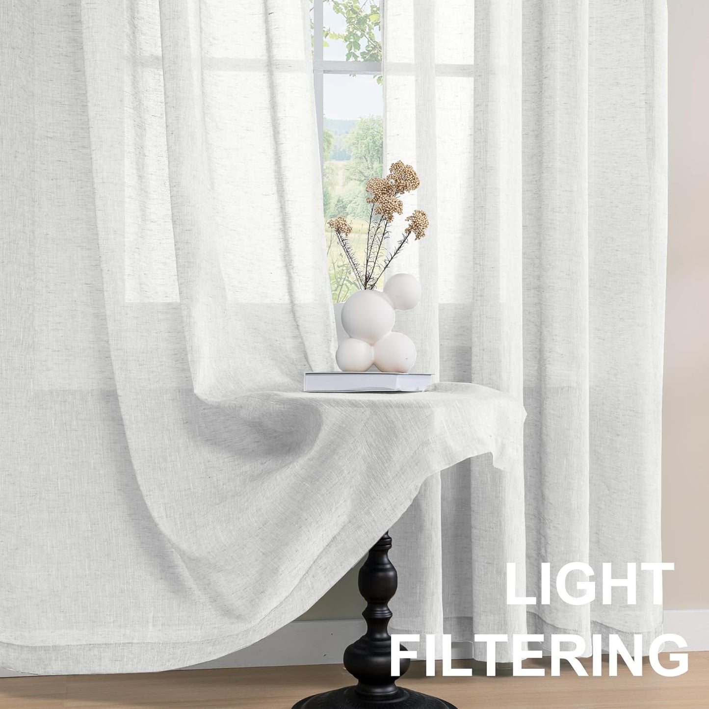 Turquoize White Linen Curtains 96 Inches Long Semi Sheer Curtains Light Filtering Linen Drapes for Living Room/Bedroom 2 Panels Set Rod Pocket Window Treatments Panels,W52 x L96, White