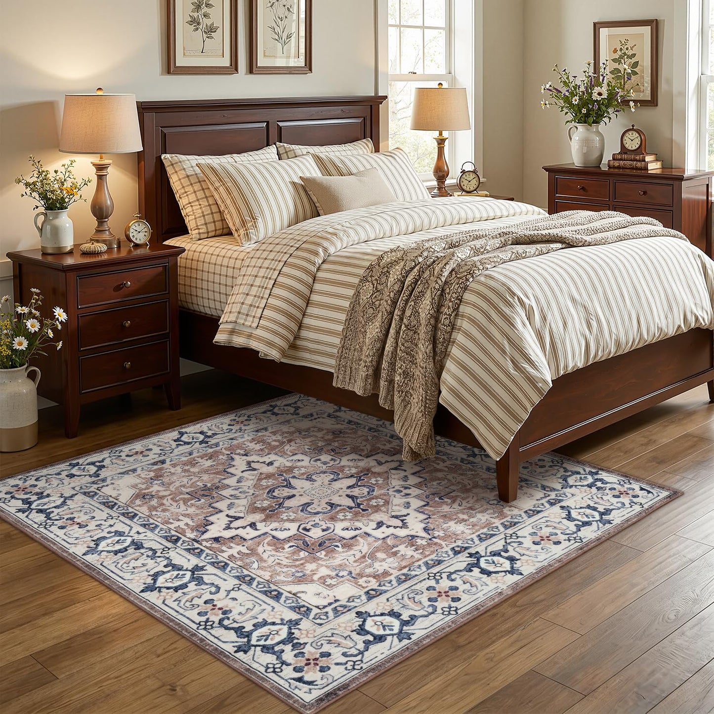 Lofus 5x7 Area Rugs for Living Room Bedroom, Soft Boho Carpet Floral Brown | High-Power Vacuuming, Non-Slip, Low Pile, Stain & Water Repellent, Soft, Skin-Friendly, for Kitchen Entryway Office