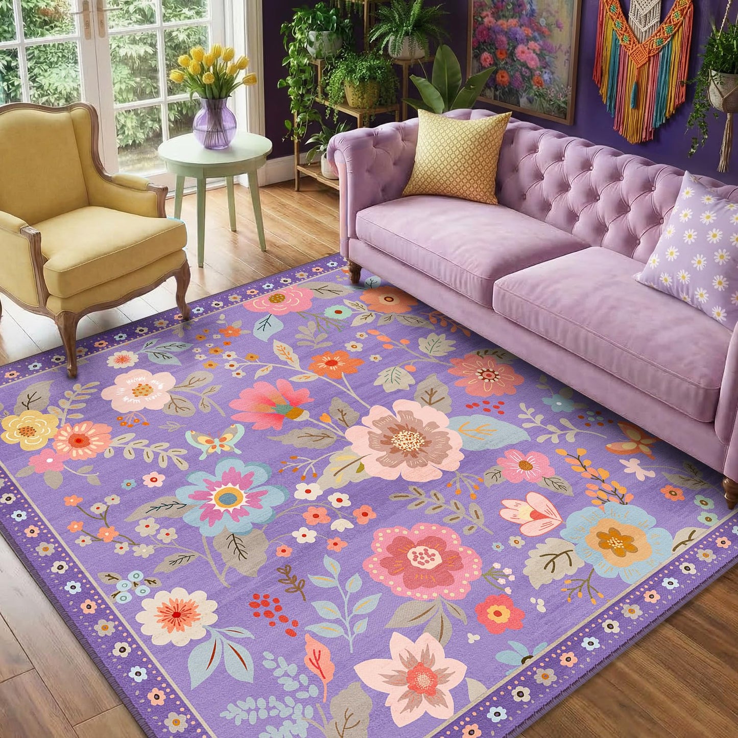 RELEANY Floral Washable 5x7 Area Rugs Beige/White/Orange | Flower Carpet, Print, Boho, Non-Slip, Easy to Clean, Soft, Low Pile for Living Room Bedroom Kitchen Office Entryway Hallway
