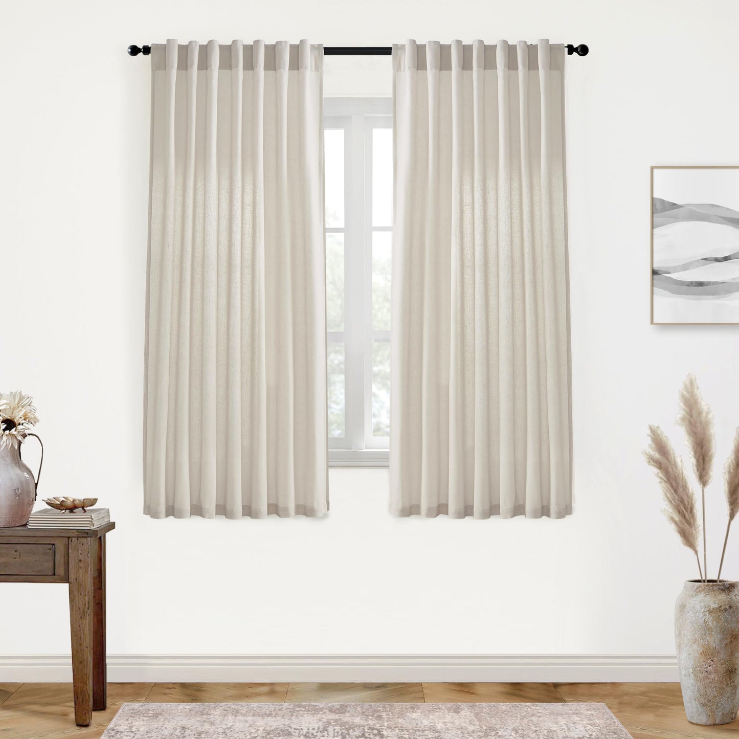 Linen Cotton Curtains for Living Room, Cream Off White Natural Fabric Light Filtering Semi Sheer Curtains 84 Inches Long, Ivory Pleated Farmhouse Curtain Drapes 84 Inch Length 2 Panels Set Dining Room