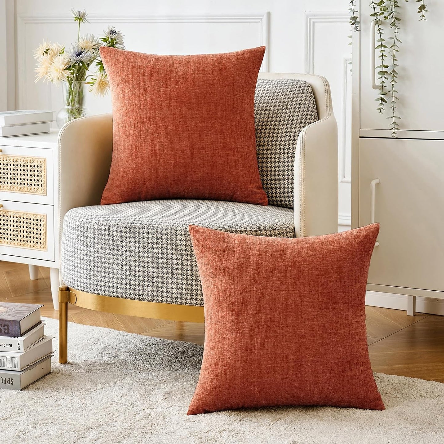 MIULEE Soft Chenille Fall Throw Pillow Covers Burnt Orange 18x18 Pack of 2 | Modern Fall Home Decor, Classic Decorative Pillows, Solid Dyed Cases, Boho Couch Cushion Covers for Sofa Bed Living Room