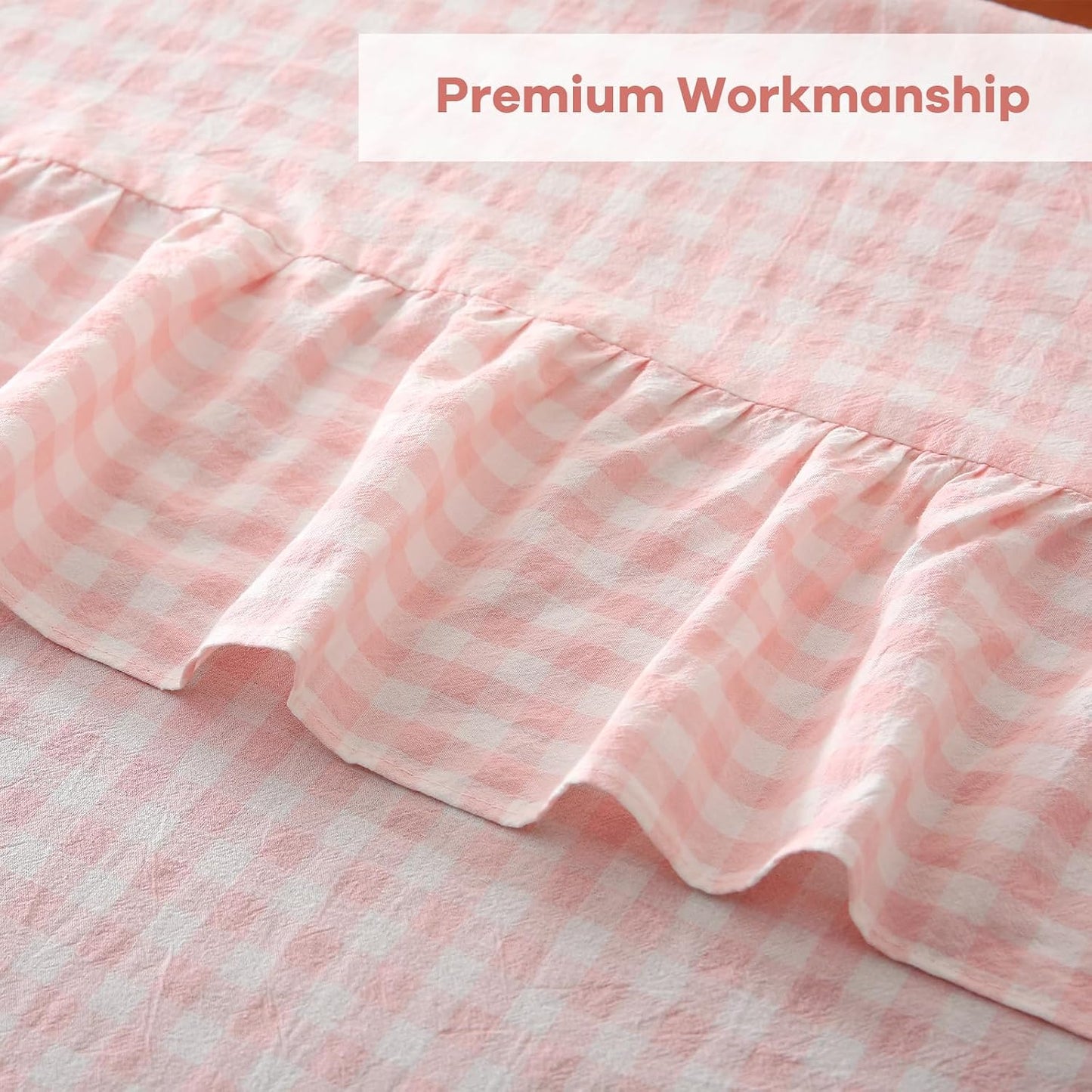 Blush White Gingham Ruffled Table Cloth Rectangular 120“x60” | 100% Washed Cotton, for Seat 8-10, Buffet Picnic Baby Shower Party Tablecloth, Decorative Checker Plaid Farmhouse Table Cover