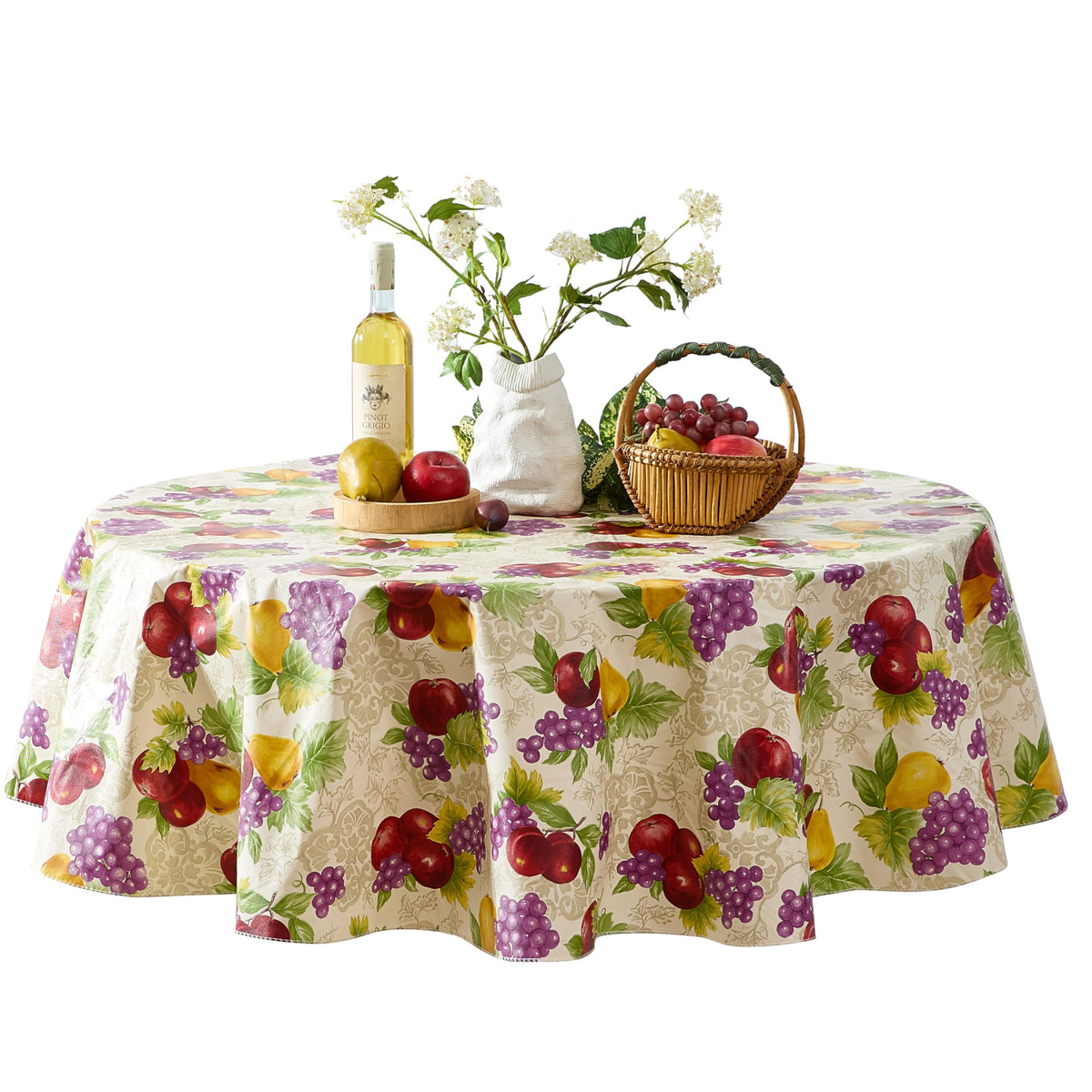 Newbridge Avalon Fresh Ripe Fruit 52”x52” Square Vinyl Tablecloth | Apples, Peaches, Pear and Grape Fruit Print Indoor Outdoor Waterproof Easy Care Vinyl Table Cover with Flannel Backing