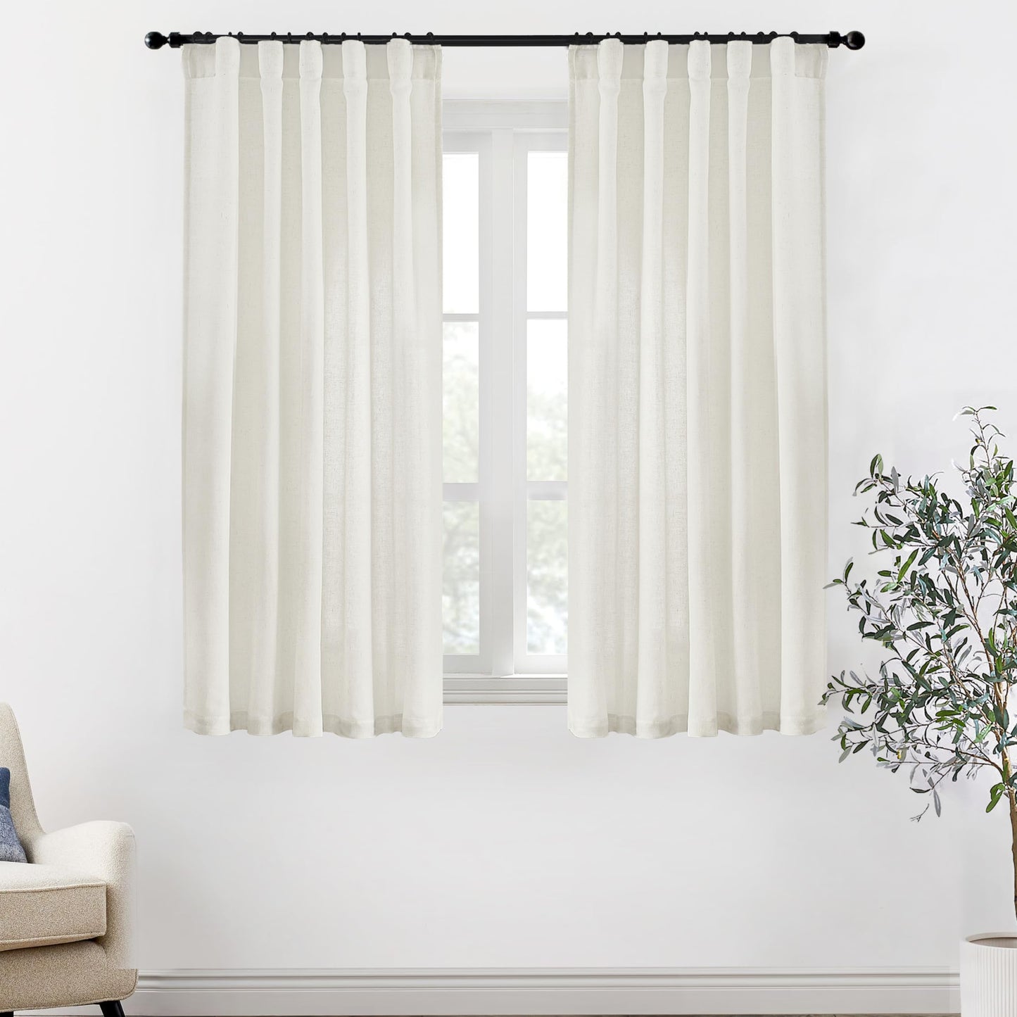 Linen Cotton Curtains for Living Room, Cream Off White Natural Fabric Light Filtering Semi Sheer Curtains 84 Inches Long, Ivory Pleated Farmhouse Curtain Drapes 84 Inch Length 2 Panels Set Dining Room