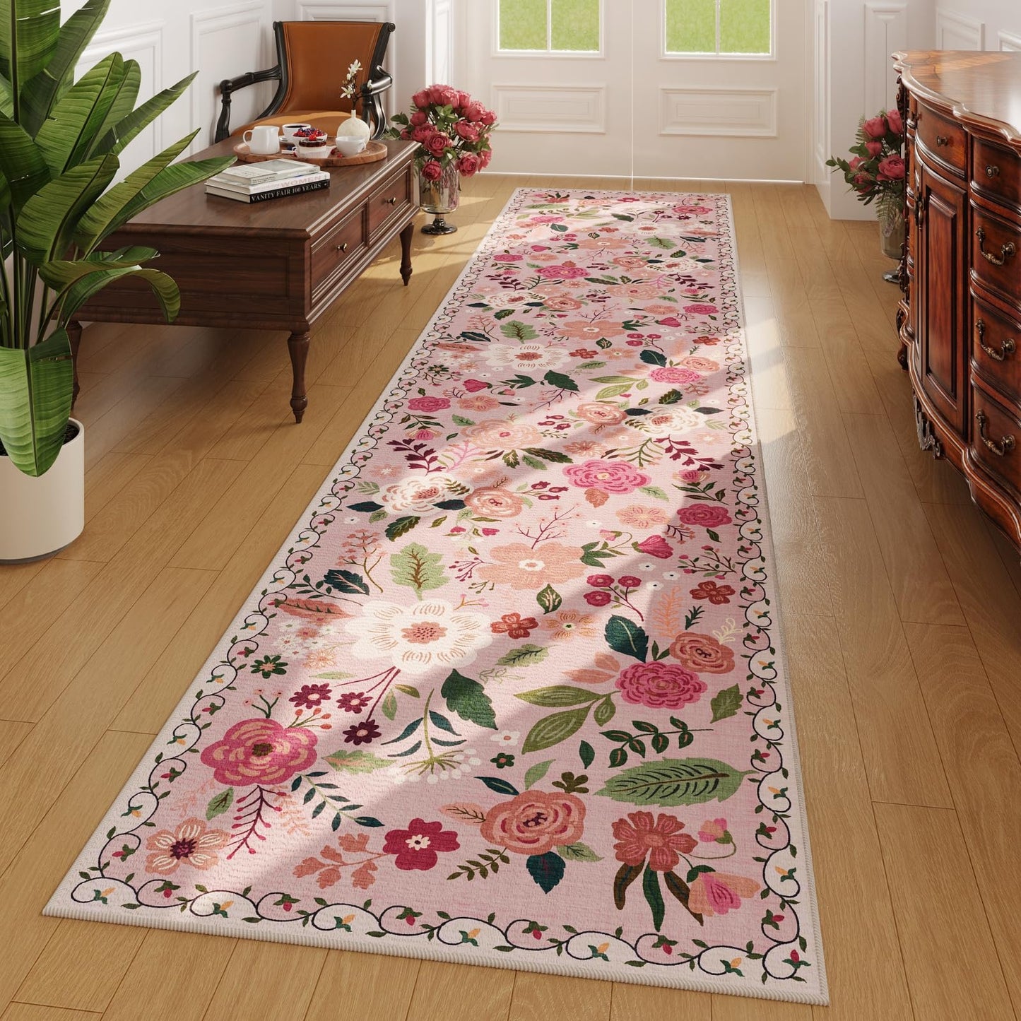 Rugcomf Living Room Rug 5x7 Rug Machine Washable Boho Area Rug Non Slip Floral Vintage Low Pile Large Rugs for Living Room, Bedroom, Farmhouse, Dining Room, Kids Playroom(Black)