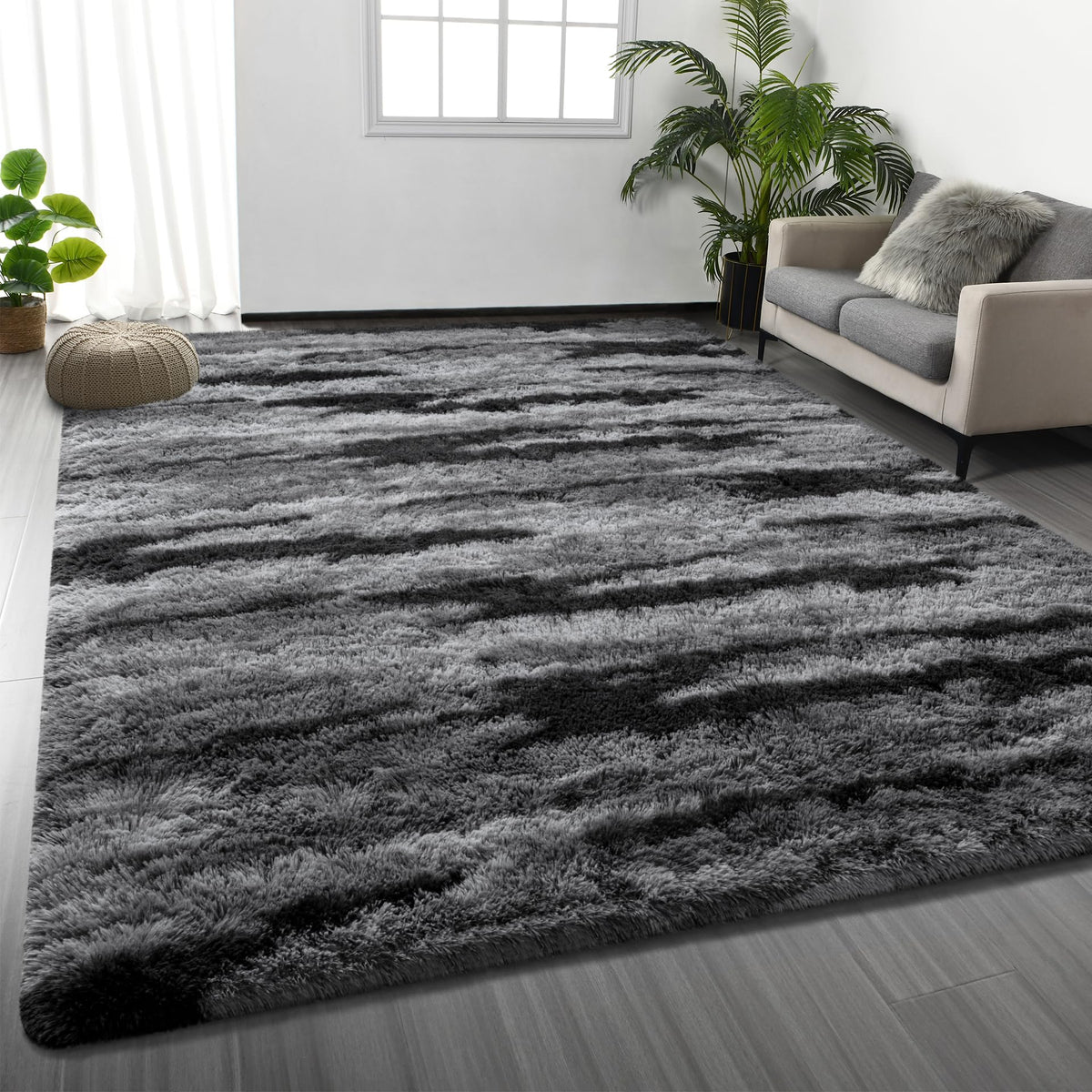 Deerhoo Large Shag Area Rugs 6 x 9, Light Grey | Tie-Dyed, Ultra Soft Plush Fuzzy,Washable, For Living Room, Bedroom, Indoor Carpet Nursery Kids Teen Home Decor