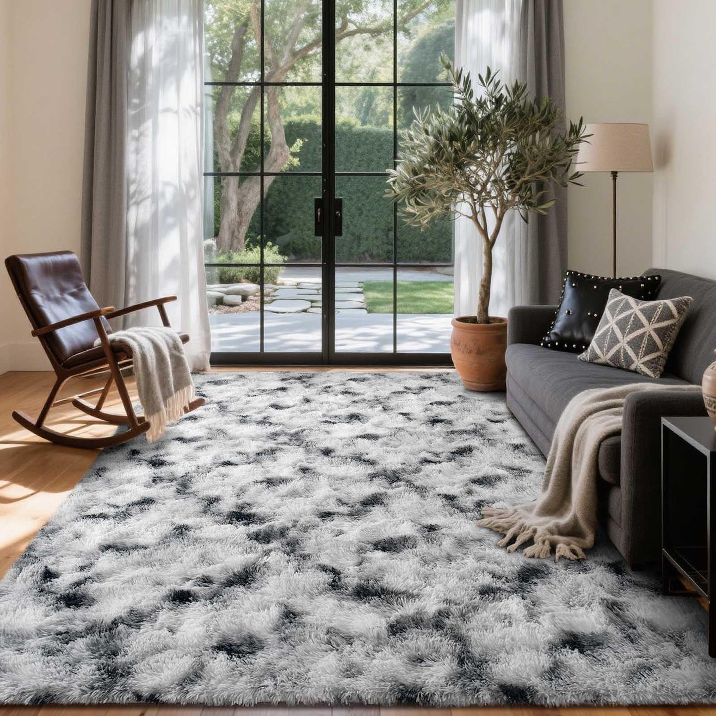 6x9 Ft Large Shag Rugs for Living Room Decor, Tie-Dyed Ultra Soft Fluffy Furry Area Rugs for Bedroom Indoor Floor, Aesthetic Carpet for Kids Home (Dark Grey)