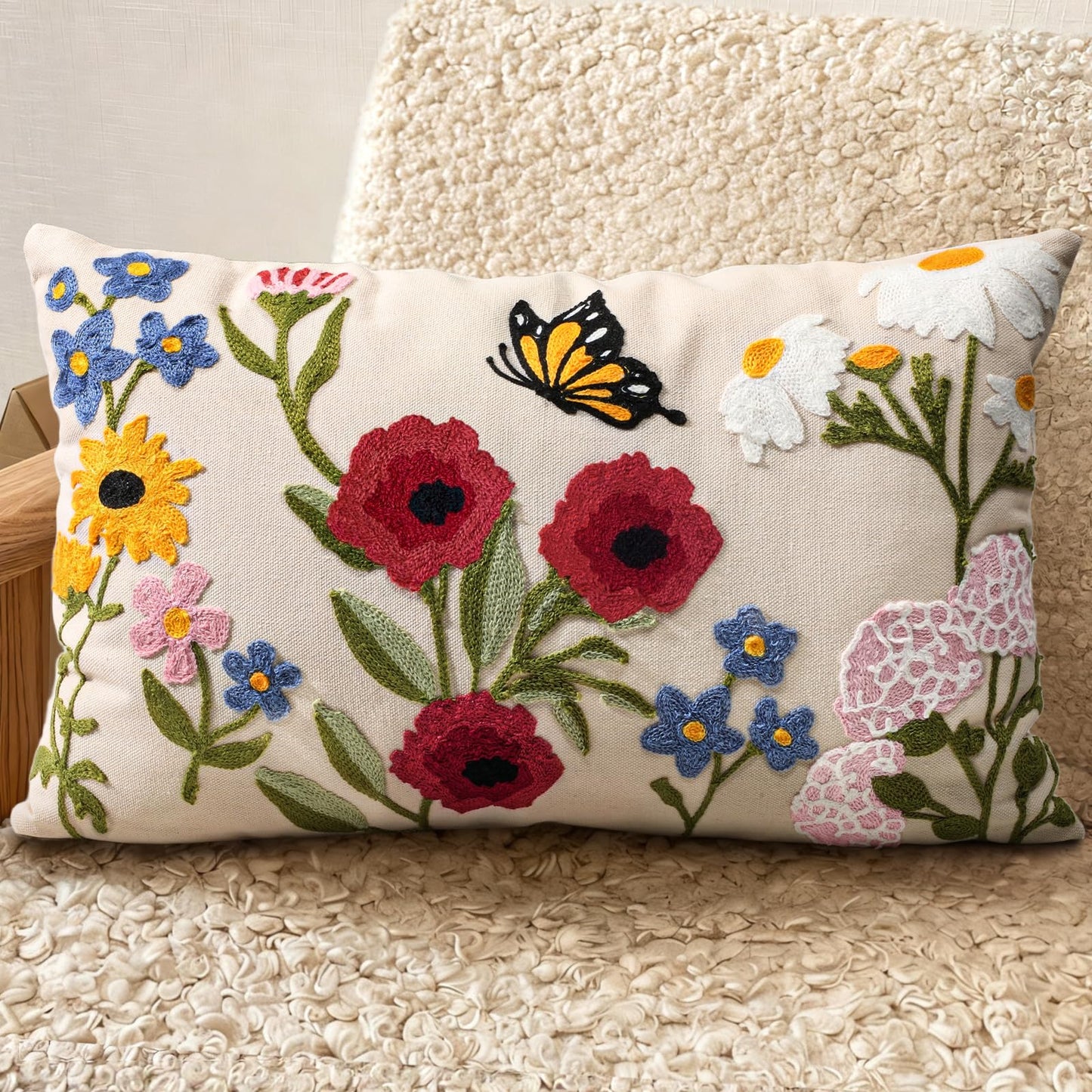 Embroidered Throw Pillow Cover 18x18 Inch, Flower Cluster | Decorative Pillow Cover, Floral Farmhouse Cushion Case with Hidden Zipper, Home Decor for Couch, Sofa, Living Room, Bedroom