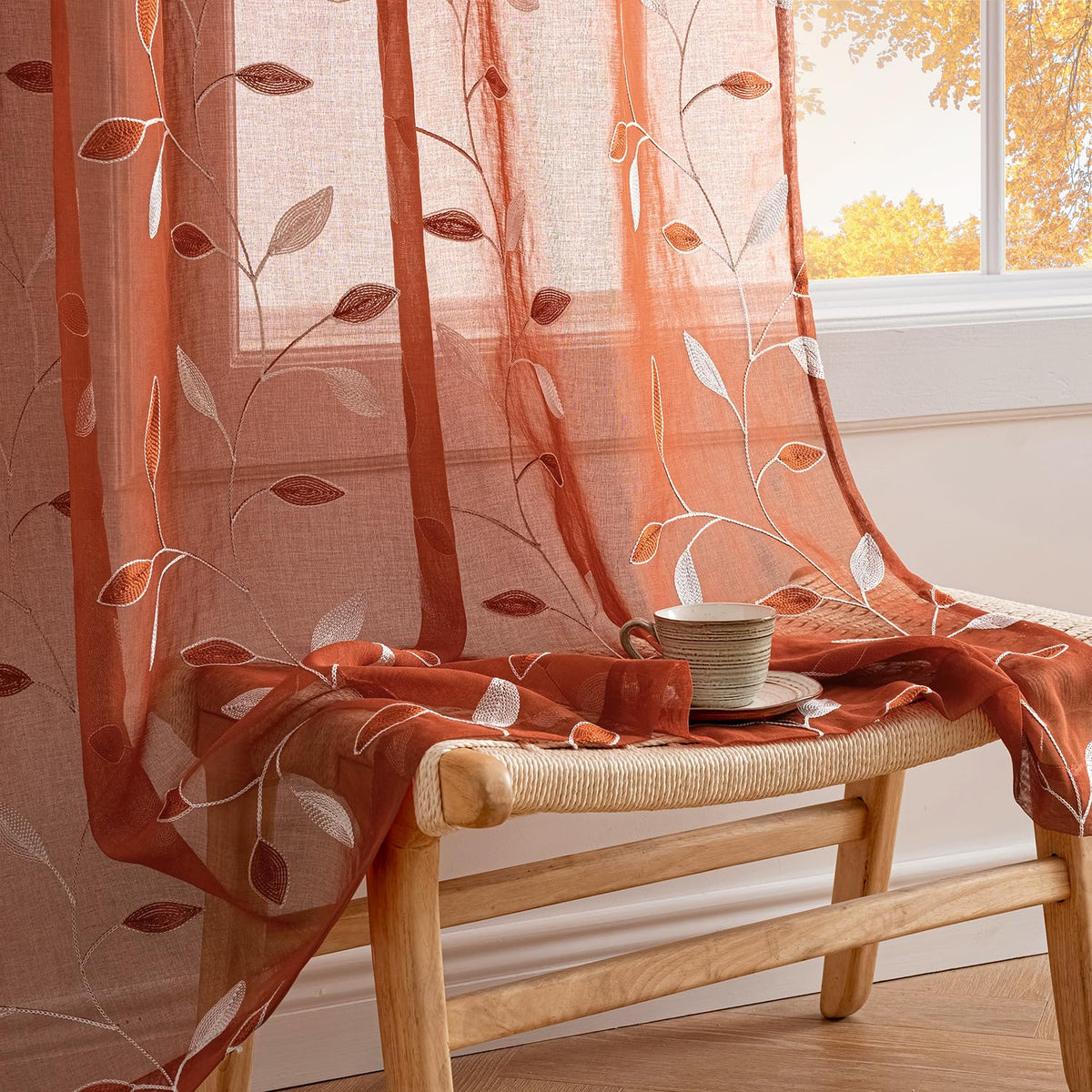 MIULEE Sage Green Sheer Curtains 2 Panels Leaf Patterned, W52 x L84 | Embroidered Floral Semi Sheer,Rod Pocket,Faux Linen,Short Window Curtains Drapes Set for Kitchen/Bathroom/Cafe