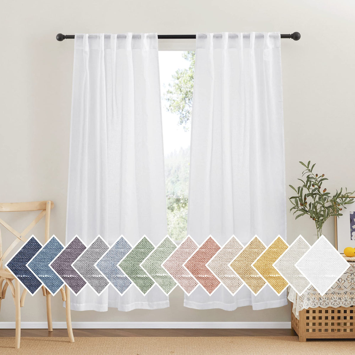 NICETOWN Semi Sheer White Curtains 84 inch Long, Rod Pocket & Back Tab Sheer Linen Curtains & Drapes Balance Privacy & Light Panels for Bedroom/Living Room, W52 x L84, 2 Panels