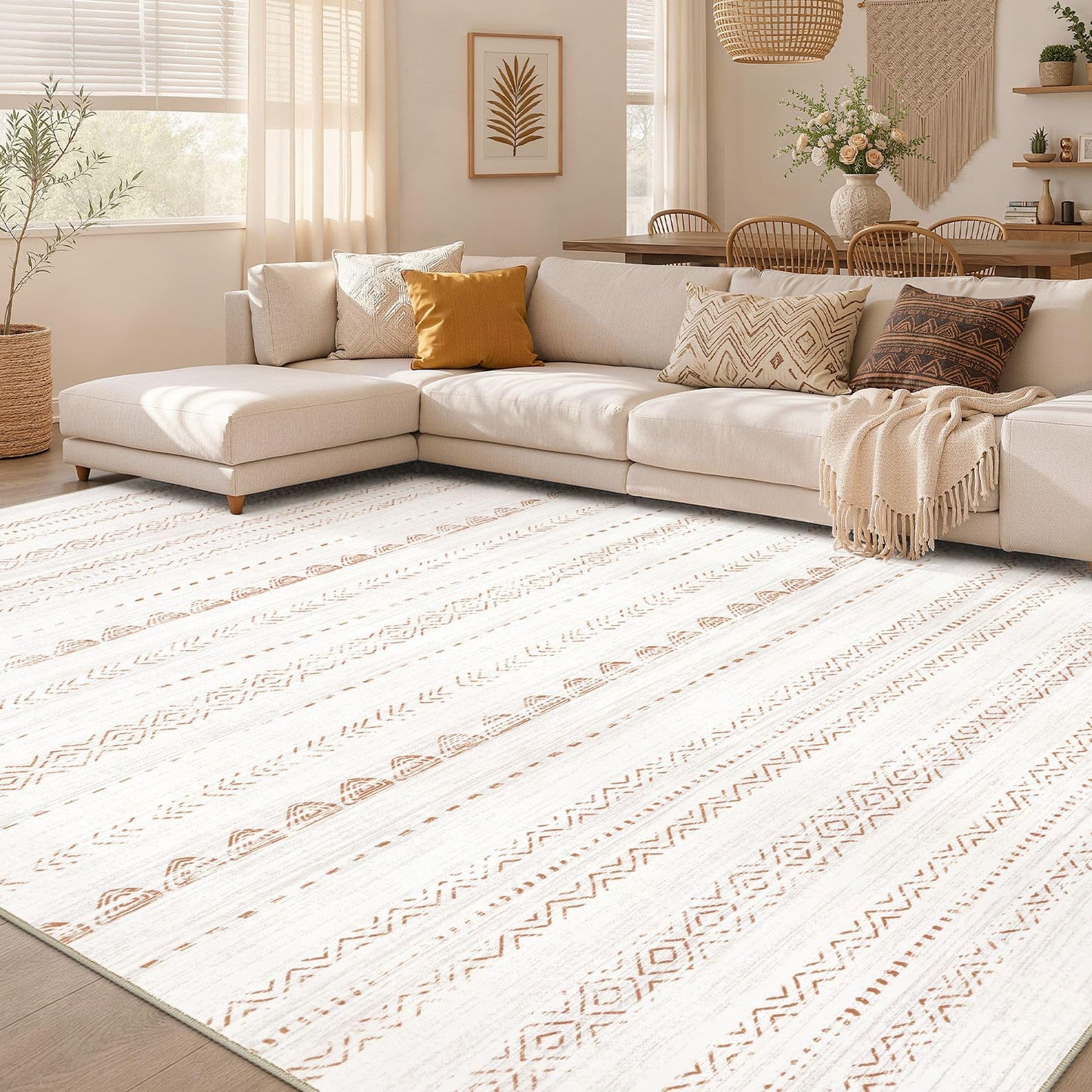 Nakagishi Boho 5x7 Area Rug Living Room Rugs Machine Washable Beige/Brown | Soft, Pet & Kid Friendly, Carpet for Living Room/Bedroom/Office/Kitchen/Nursery, Daily Home Decor Stain Resistant Moroccan
