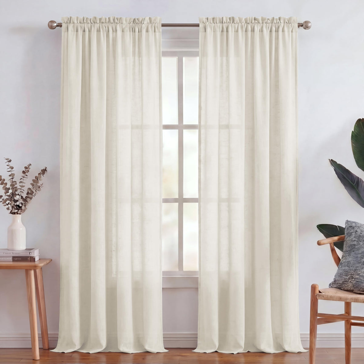 Turquoize White Linen Curtains 96 Inches Long Semi Sheer Curtains Light Filtering Linen Drapes for Living Room/Bedroom 2 Panels Set Rod Pocket Window Treatments Panels,W52 x L96, White