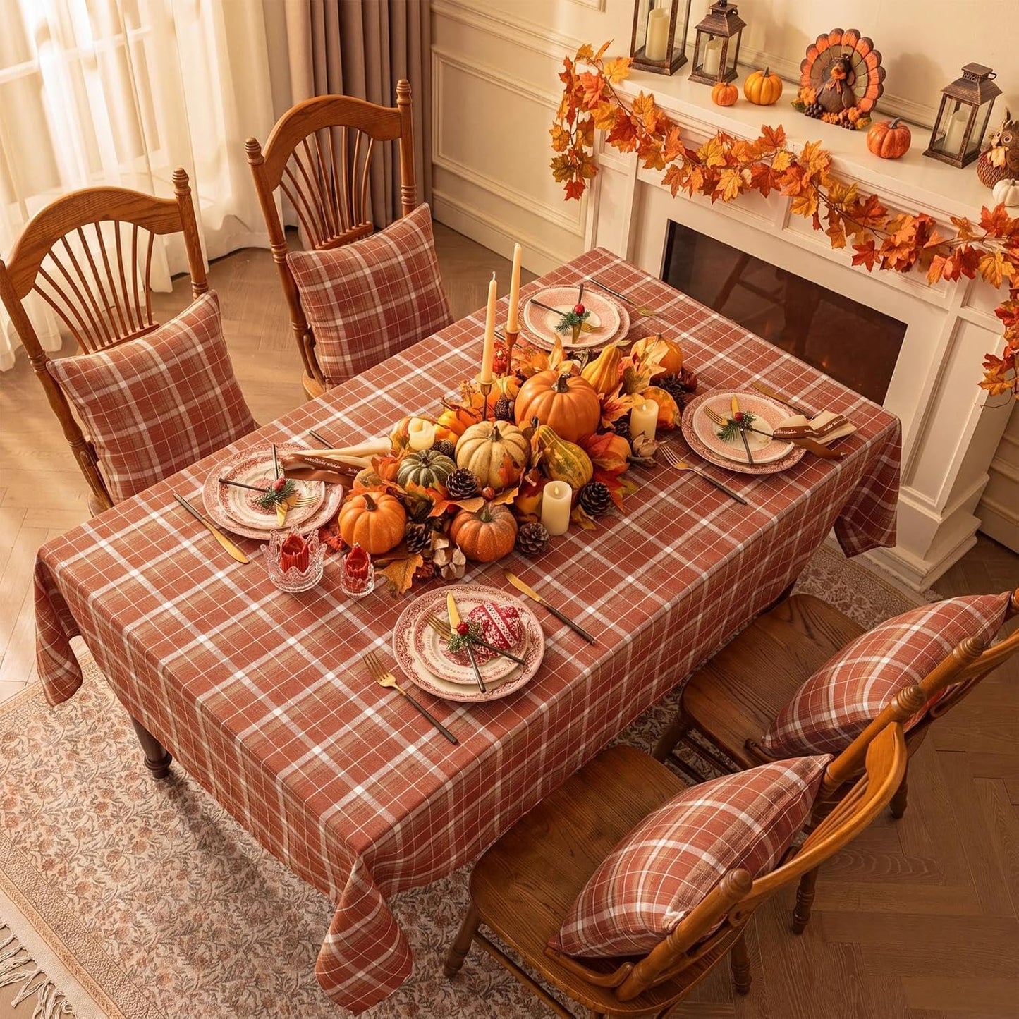 Softalker Fall Checkered Tablecloth Rectangle - Orange Buffalo Plaid Linen Cotton Gingham Thanksgiving Flannel Table Cloth, Autumn Farmhouse Table Cover for Dining Party Holiday Decor, 54 x 80 Inch