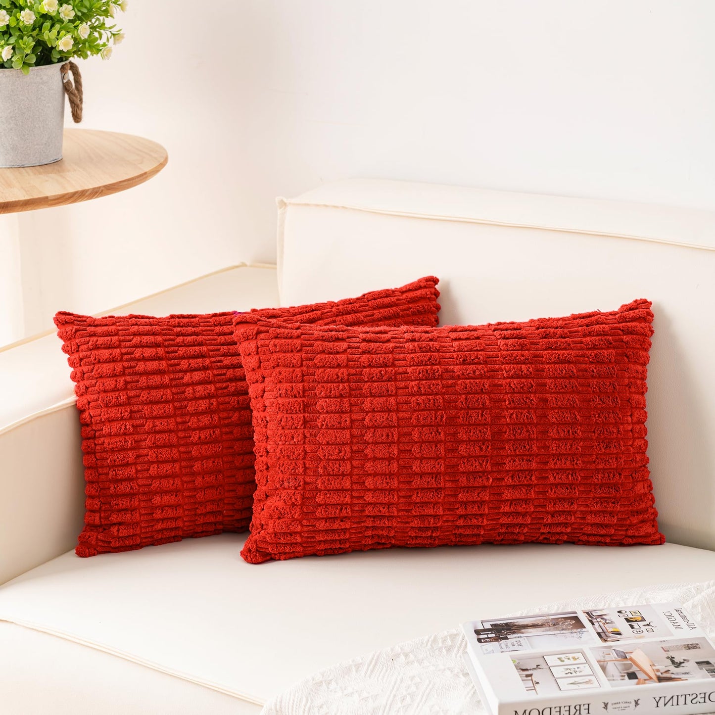Pack of 2 Corduroy Decorative Throw Pillow Covers 18x18 Inch, Cream White | Fall Soft Striped Pillow Covers Modern Farmhouse Home Decor Christmas Throw Pillow Covers for Sofa Living Room Couch Bed ﻿