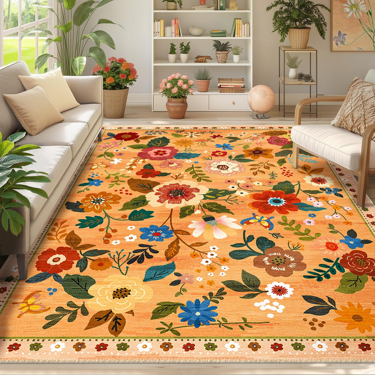 RELEANY Floral Washable 5x7 Area Rugs Beige/White/Orange | Flower Carpet, Print, Boho, Non-Slip, Easy to Clean, Soft, Low Pile for Living Room Bedroom Kitchen Office Entryway Hallway