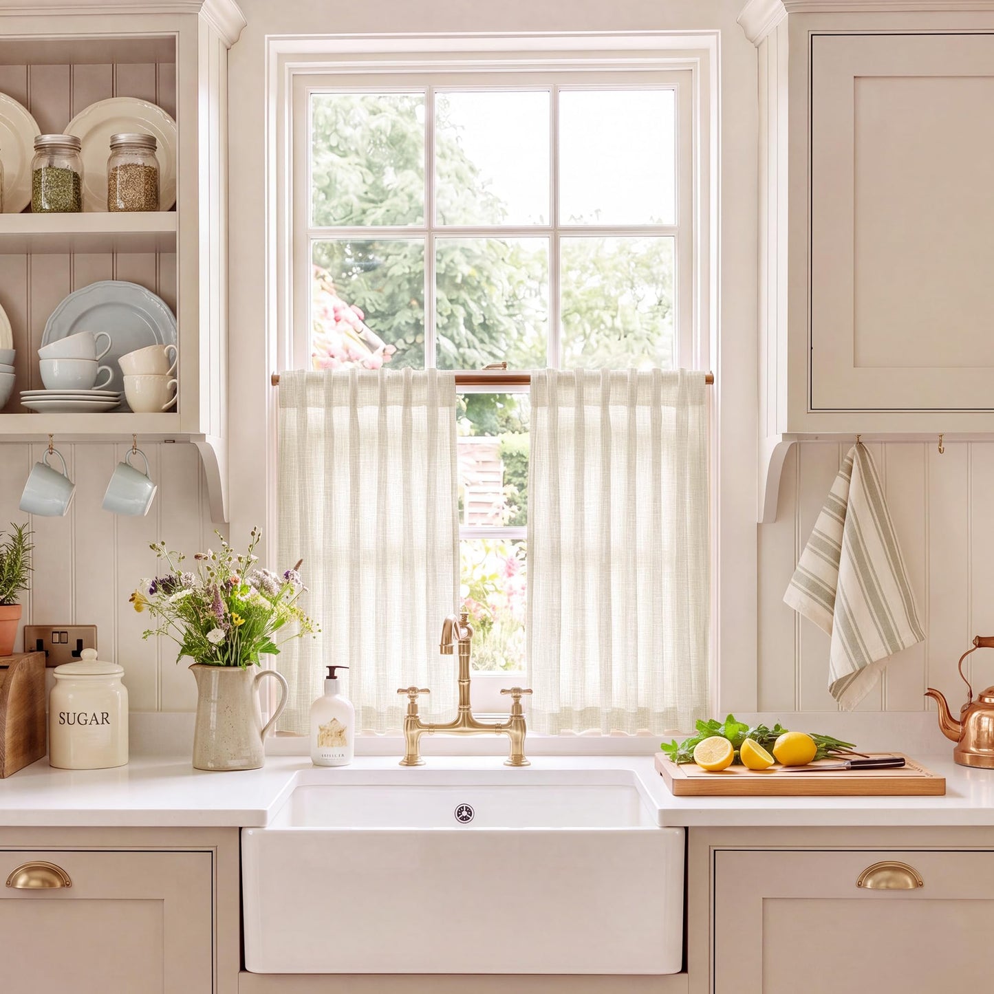 NICETOWN Semi Sheer White Curtains 84 inch Long, Rod Pocket & Back Tab Sheer Linen Curtains & Drapes Balance Privacy & Light Panels for Bedroom/Living Room, W52 x L84, 2 Panels